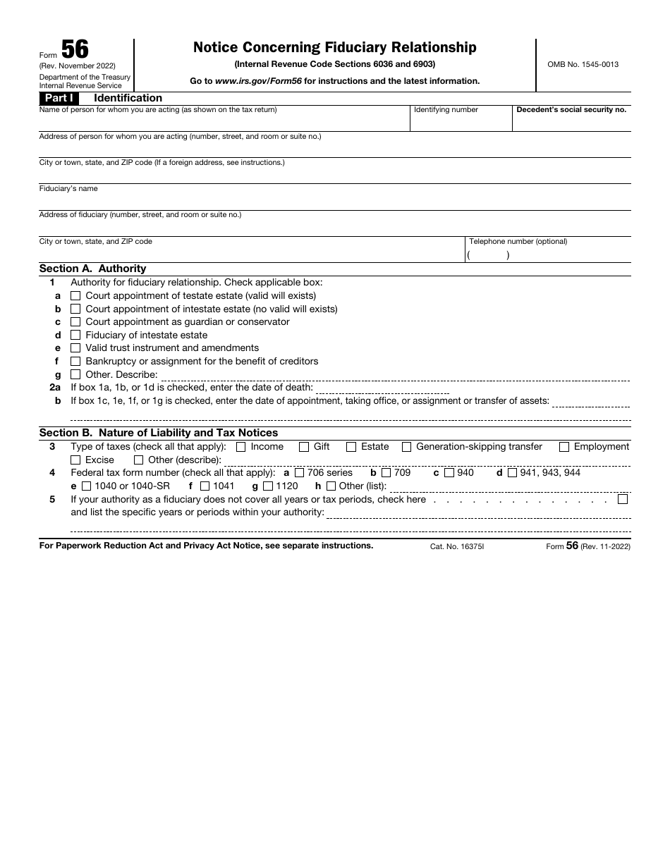 IRS Form 56 Download Fillable PDF Or Fill Online Notice Concerning IRS Form 56 Download Fillable PDF Or Fill Online Notice Concerning