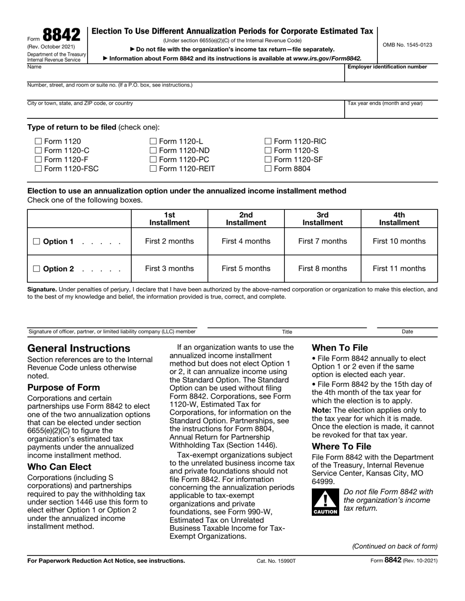 IRS Form 8842 Download Fillable PDF Or Fill Online Election To Use Different Annualization Periods For Corporation Estimated Tax 2016 2025 Templateroller