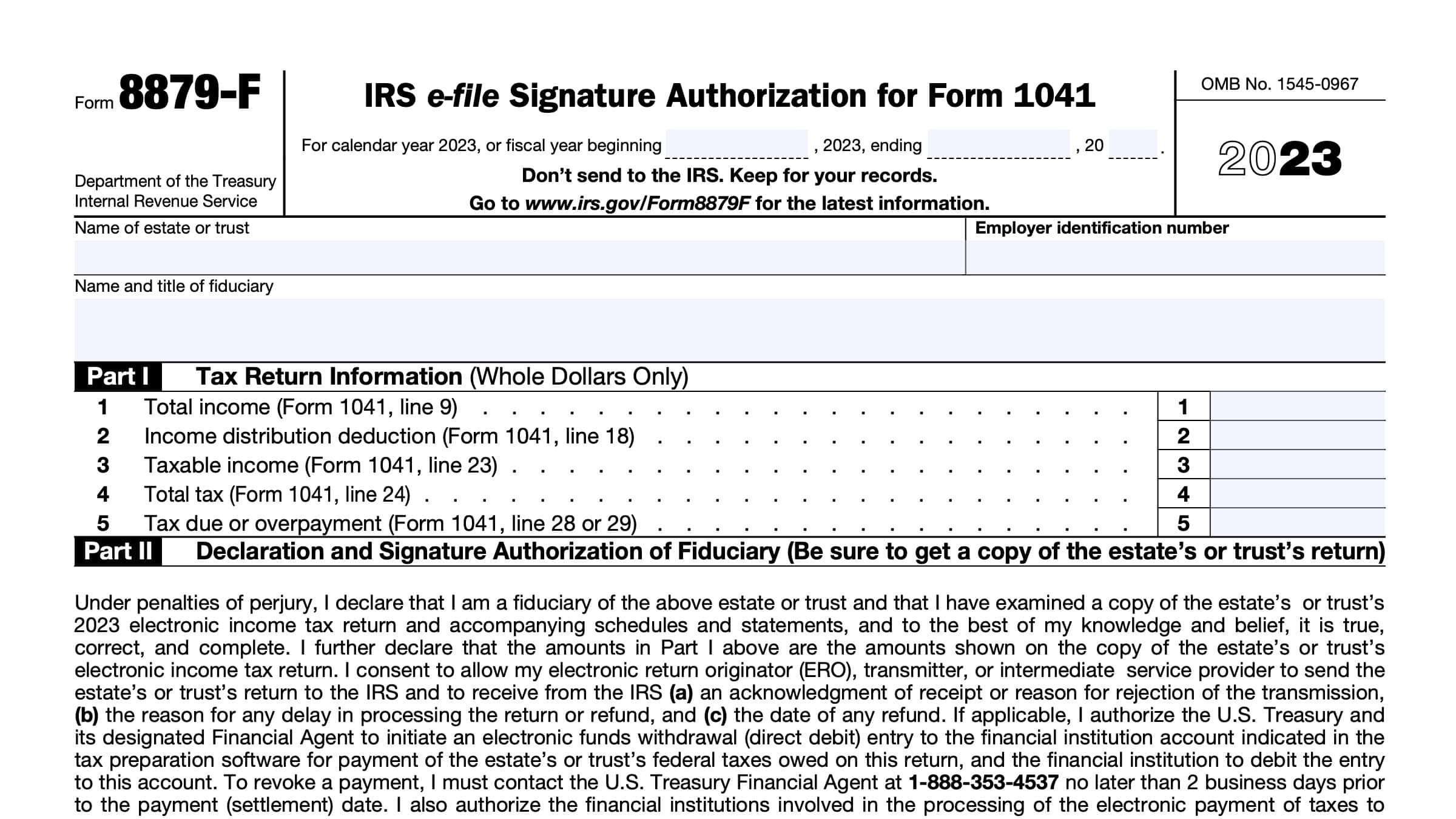 IRS Form 8879 F Instructions E File Signature For IRS Form 1041