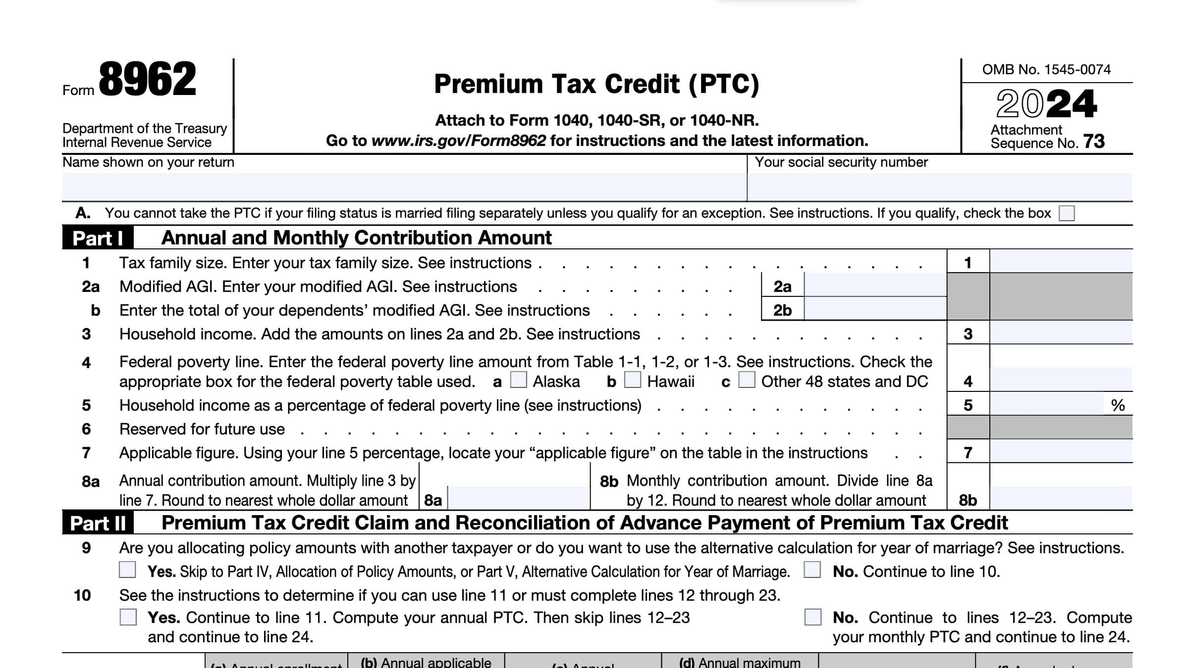 IRS Form 8962 Instructions Premium Tax Credit