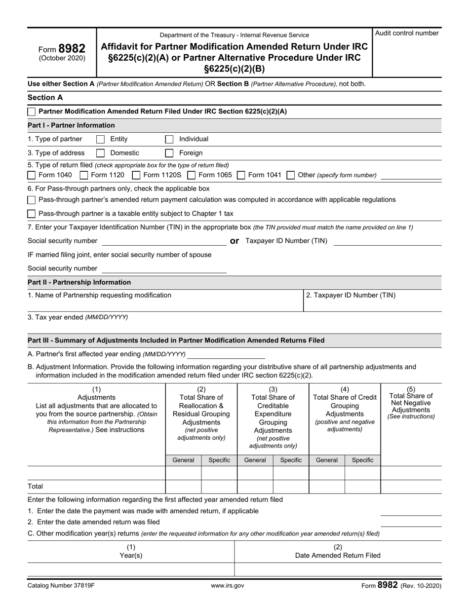 IRS Form 8982 Download Fillable PDF Or Fill Online Affidavit For Partner Modification Amended Return Under IRC Section 6225 C 2 A Or Partner Alternative Procedure Under IRC Section 6225 C 2 B Templateroller