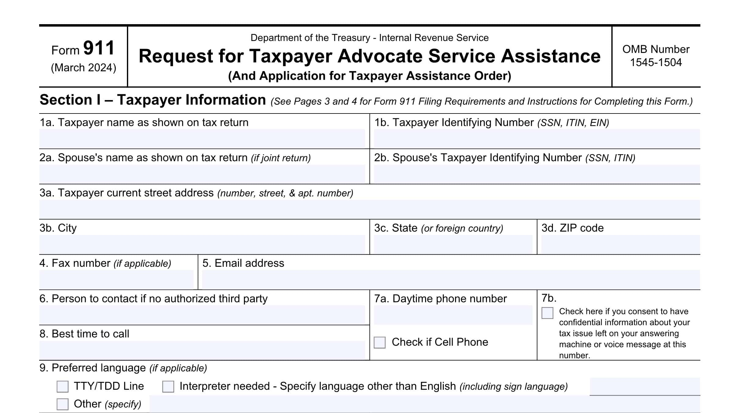 IRS Form 911 Instructions Taxpayer Advocate Service Assistance