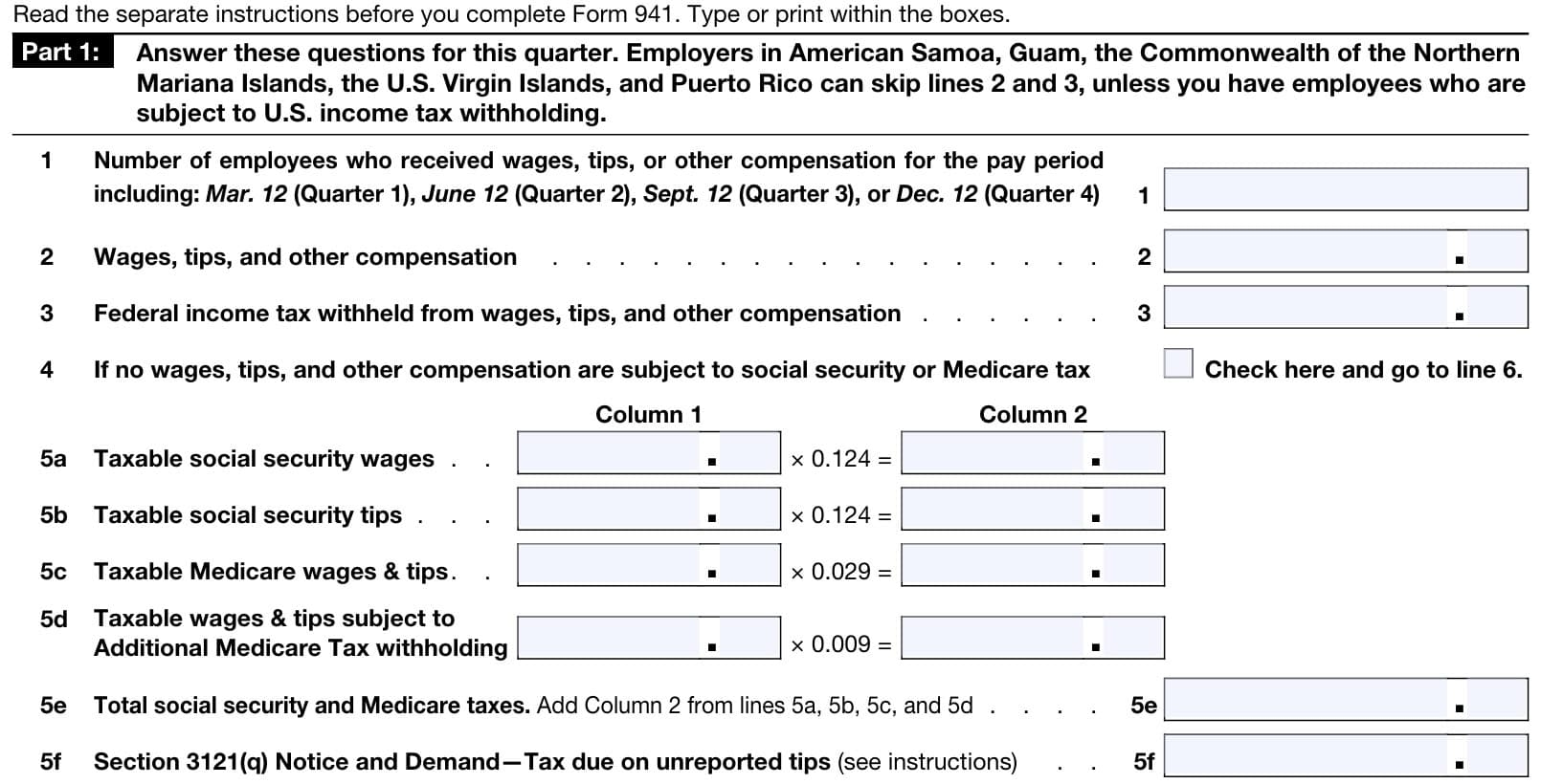 IRS Form 941 Instructions Employer s Quarterly Tax Return