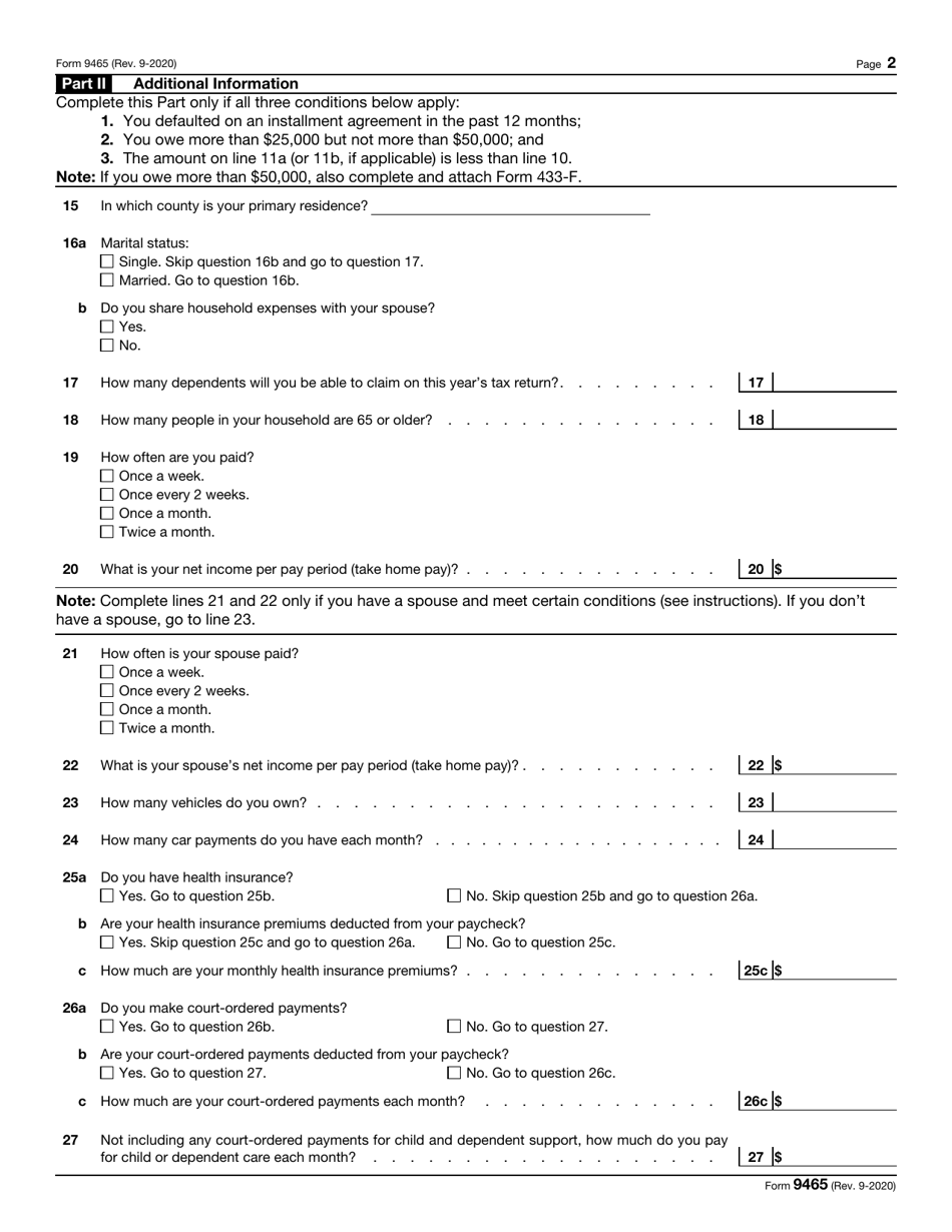 IRS Form 9465 Download Fillable PDF Or Fill Online Installment 