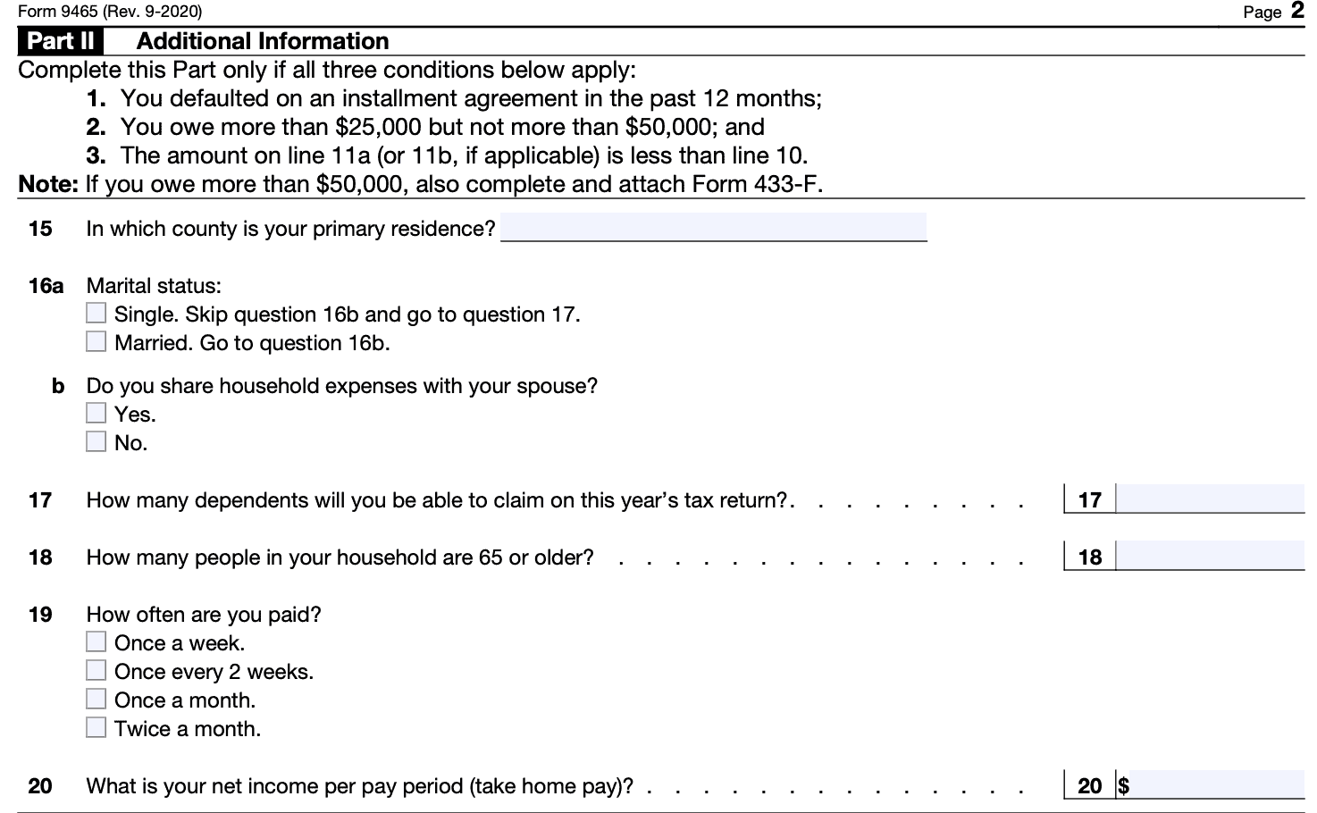 IRS Form 9465 Instructions Your Installment Agreement Request