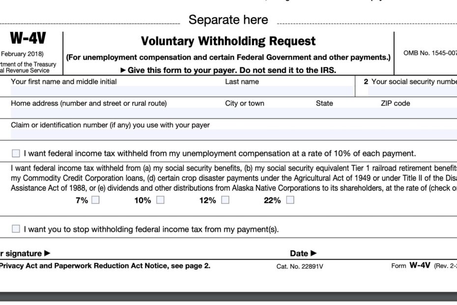 IRS Form W 4V Instructions Voluntary Withholding Request