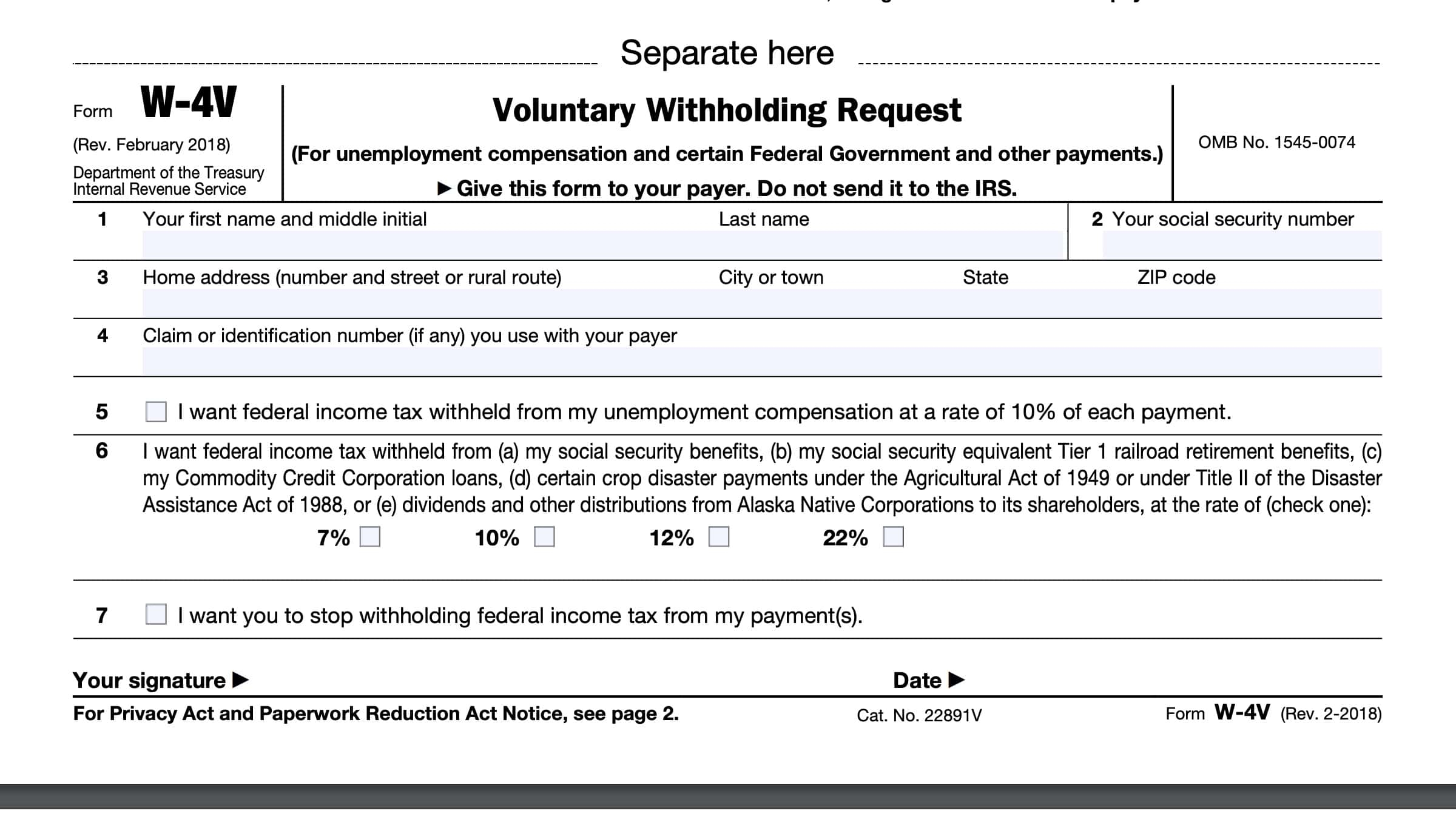 IRS Form W 4V Instructions Voluntary Withholding Request