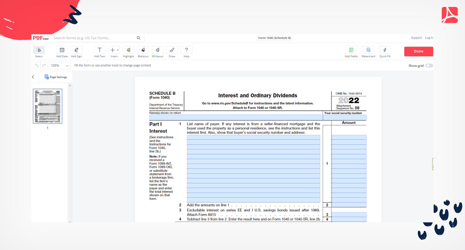 IRS Schedule B Form 1040 Sign Schedule B Online PDFliner