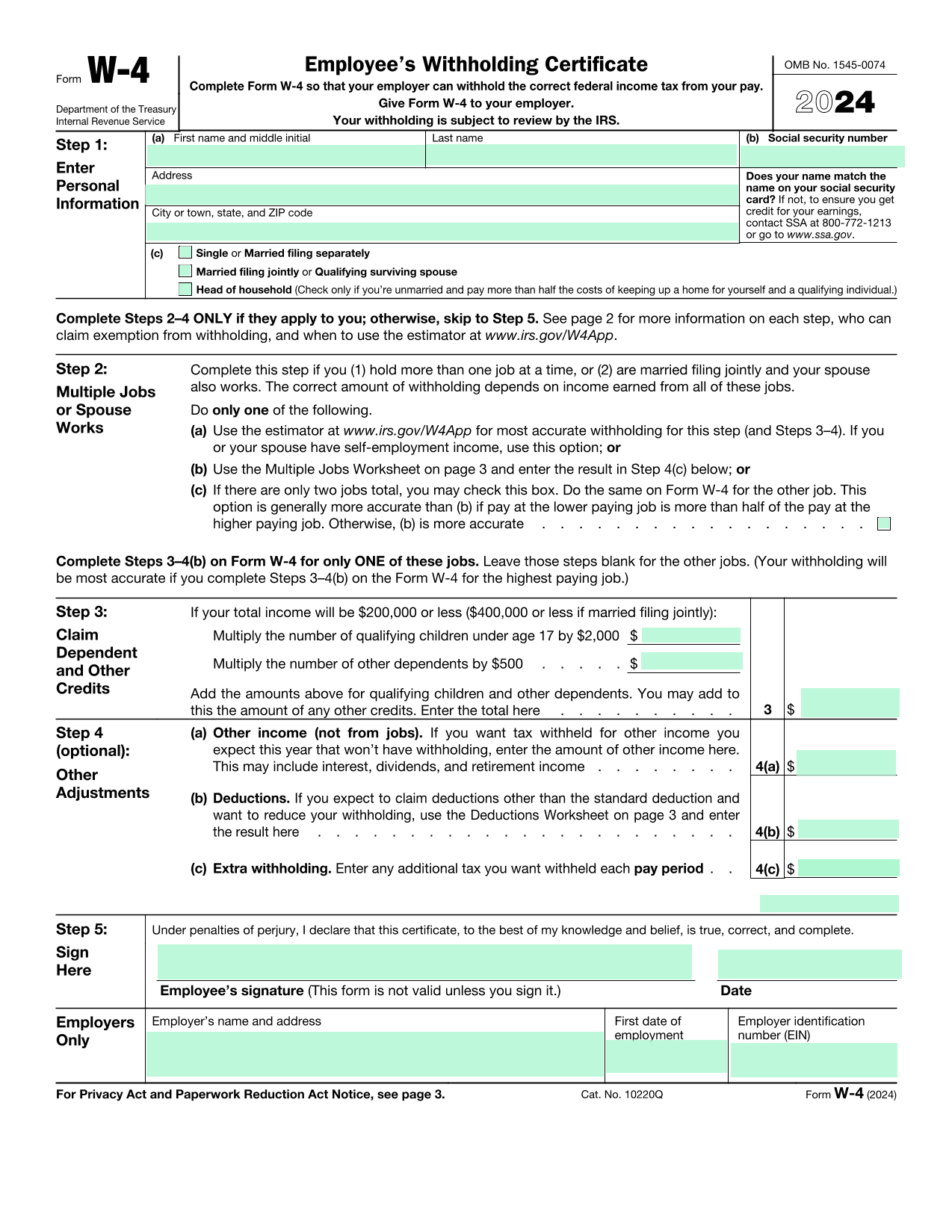 IRS W 4 Worksheets Library