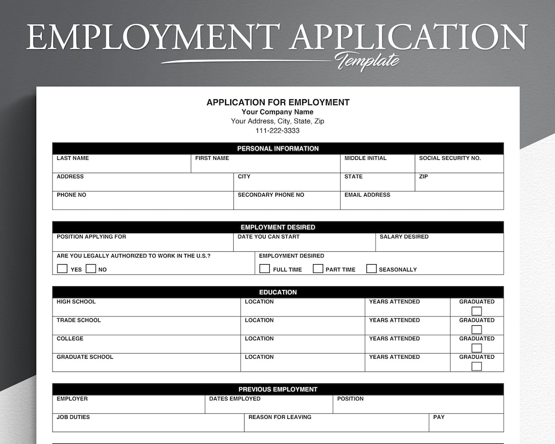 Job Application Pdf google Docs microsoft Word Employee Application Application For Employment Etsy