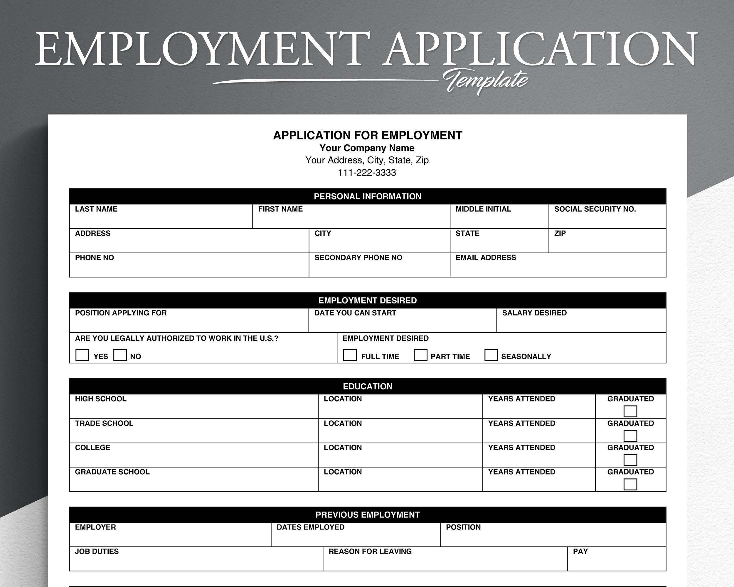 Job Application Pdf google Docs microsoft Word Employee Application Application For Employment Etsy