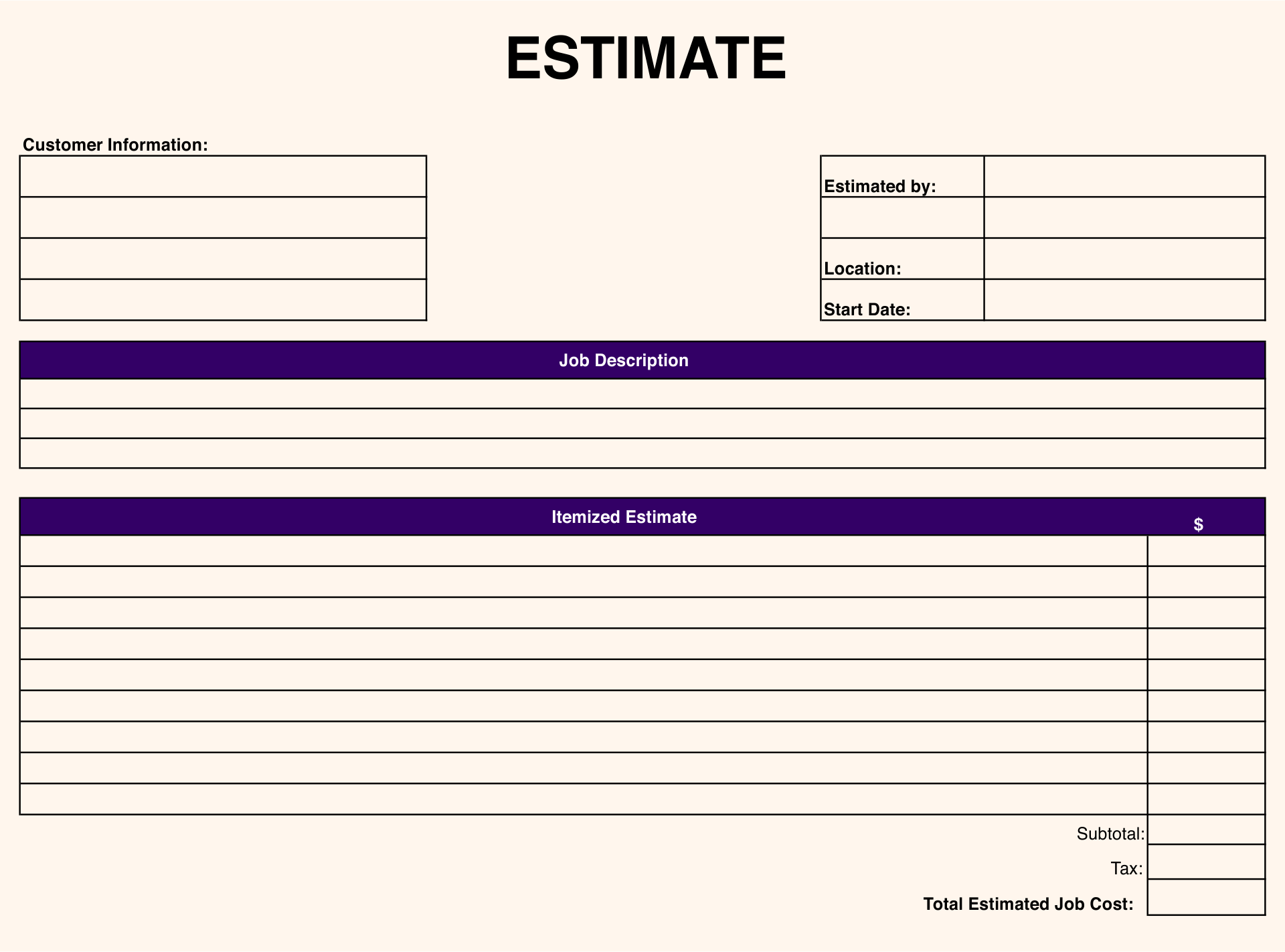 Job Estimate Blank Free Printable Estimate Forms Printable Party Favors