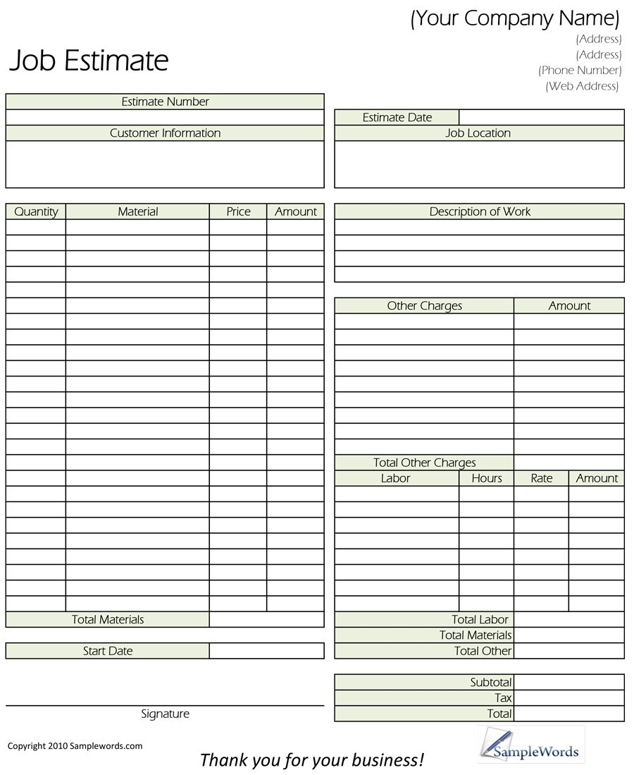 Job Estimate Blank Free Printable Estimate Forms Printable Party Favors