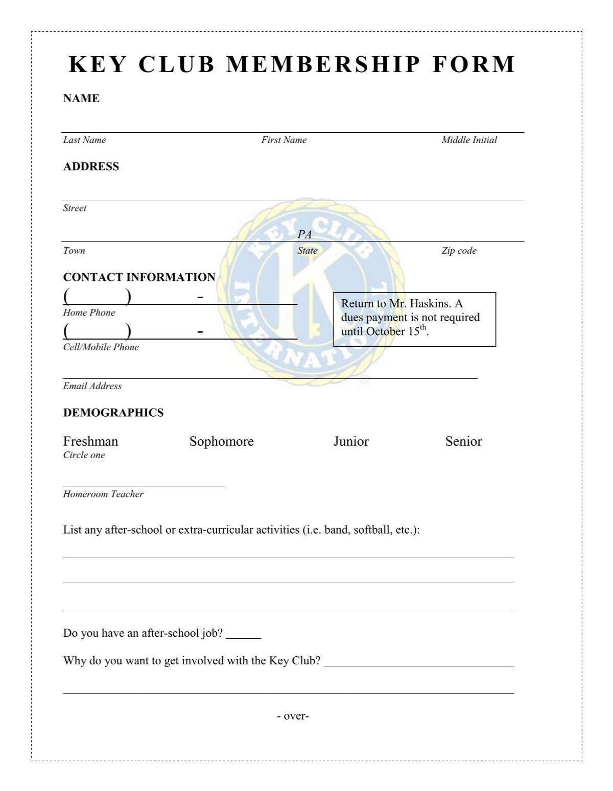 KEY CLUB MEMBERSHIP FORM Cornell School District
