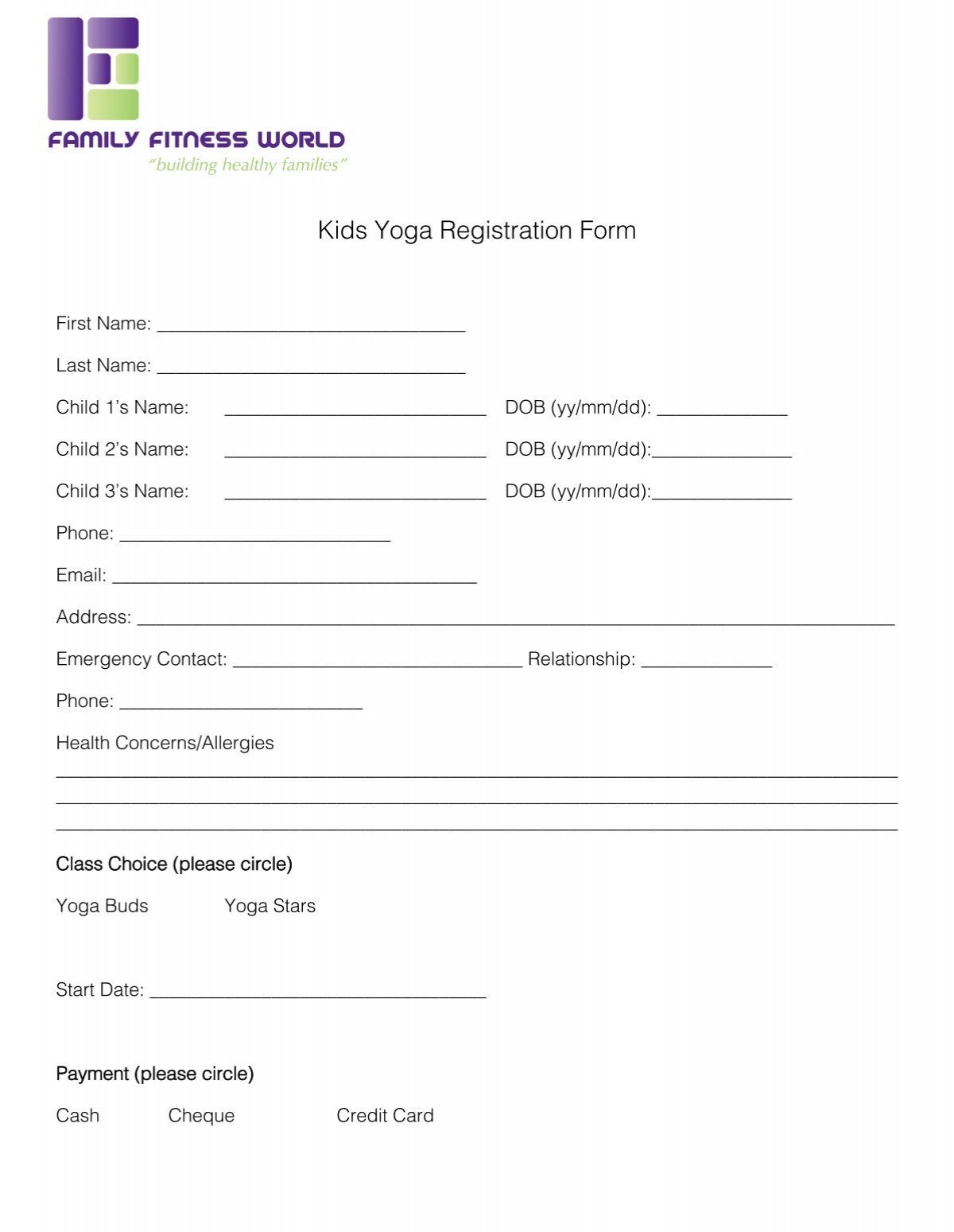 Kids Yoga Registration Form Family Fitness World