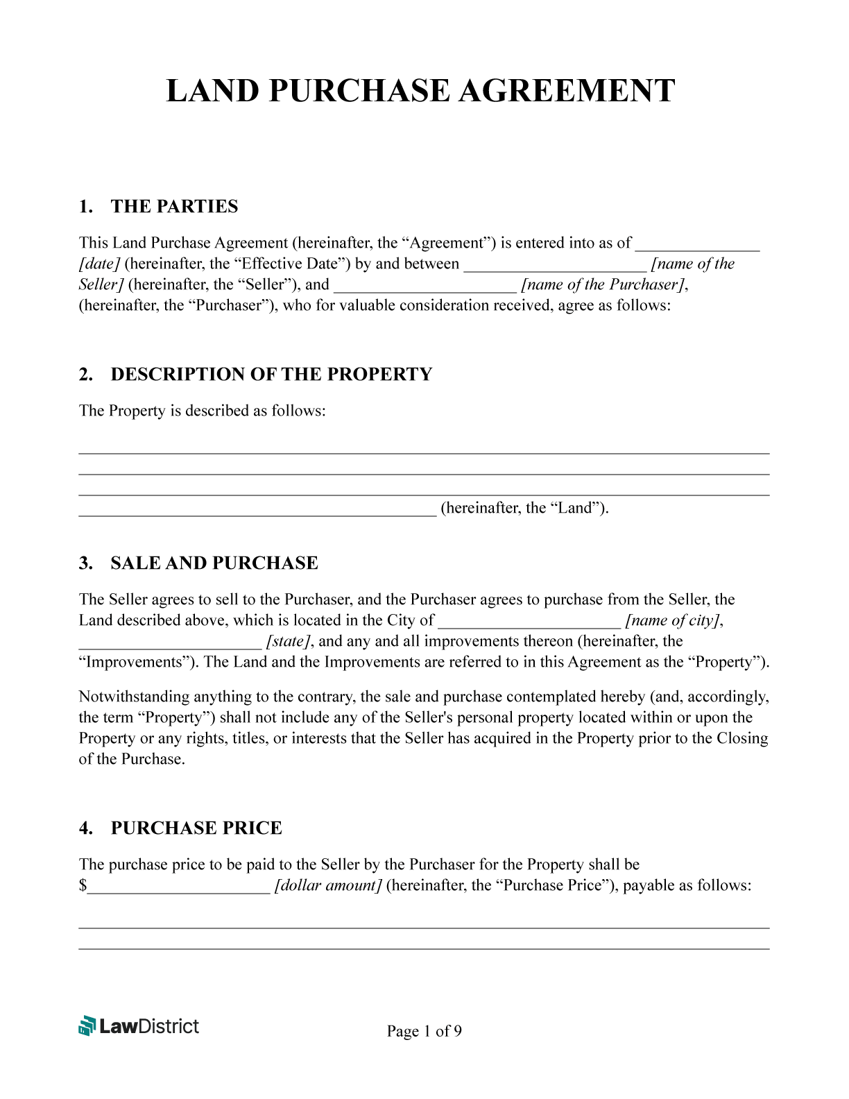 Land Purchase Agreement Land Contract Free PDF Form LawDistrict