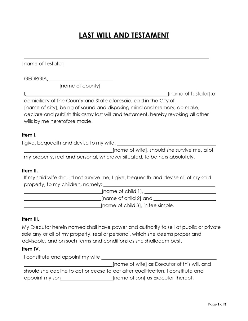 Last Will And Testament Georgia Free Templates 