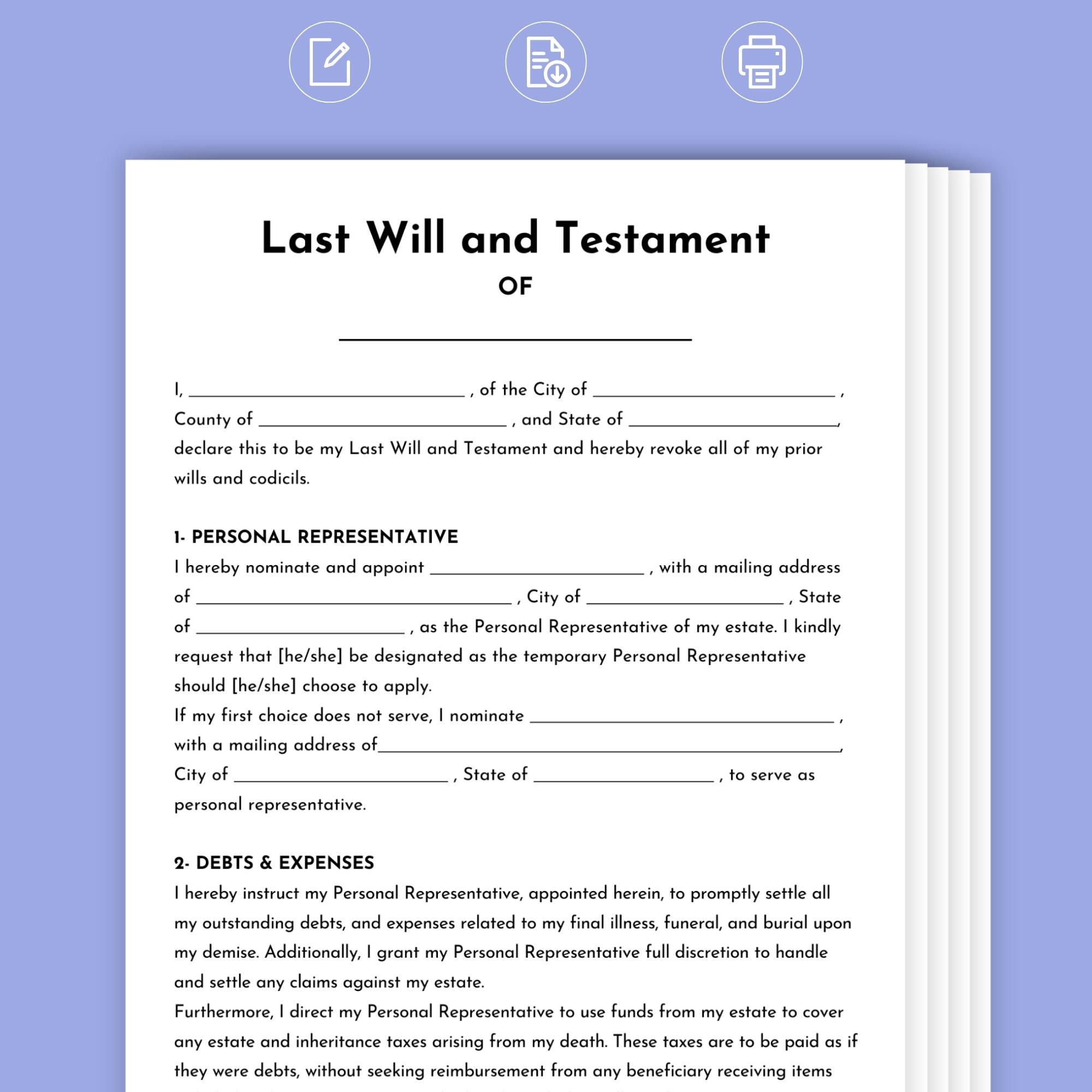 Last Will And Testament Last Will And Testament Printable Simple Last Will Fillable Last Will And Testament Template Last Will Testament