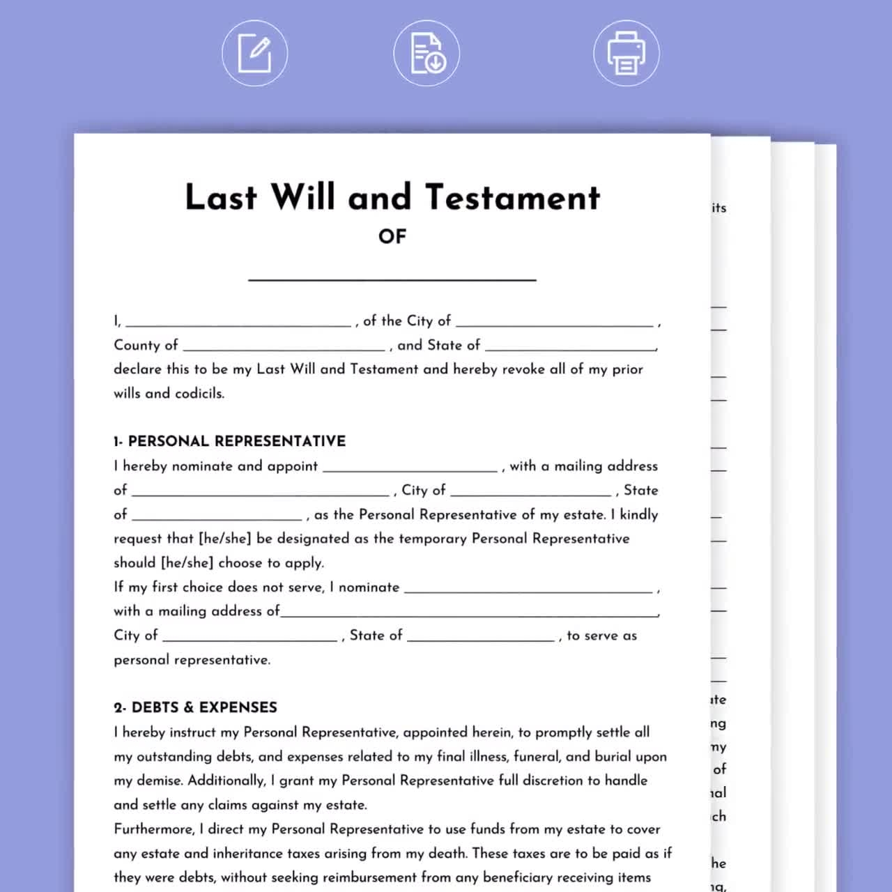 Last Will And Testament Template Simple Fillable Legal Form US 