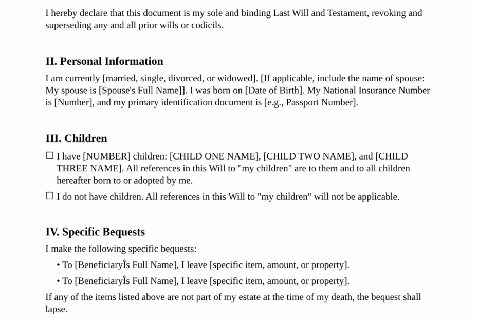 Last Will And Testament Template UK LawDistrict