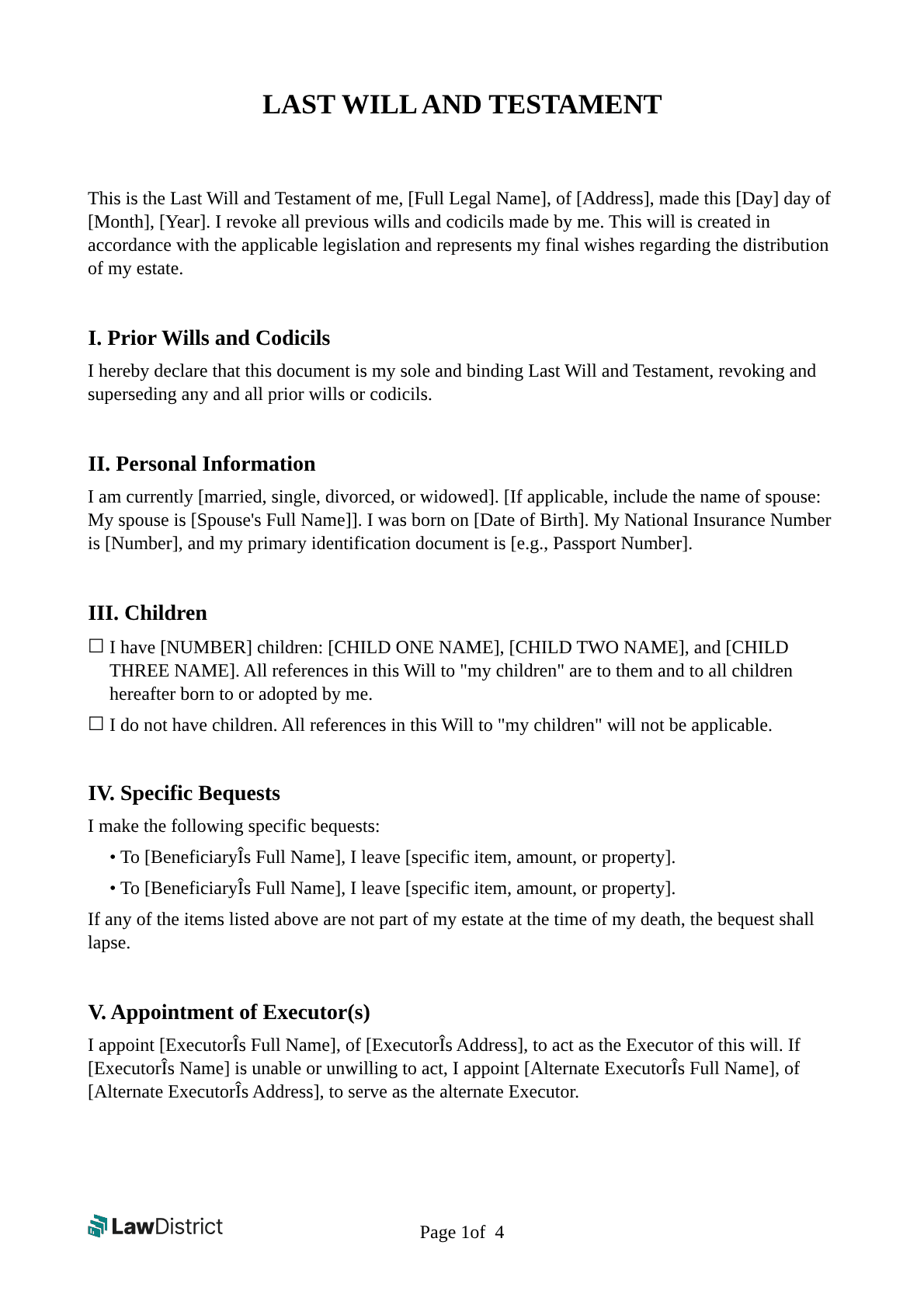 Last Will And Testament Template UK LawDistrict