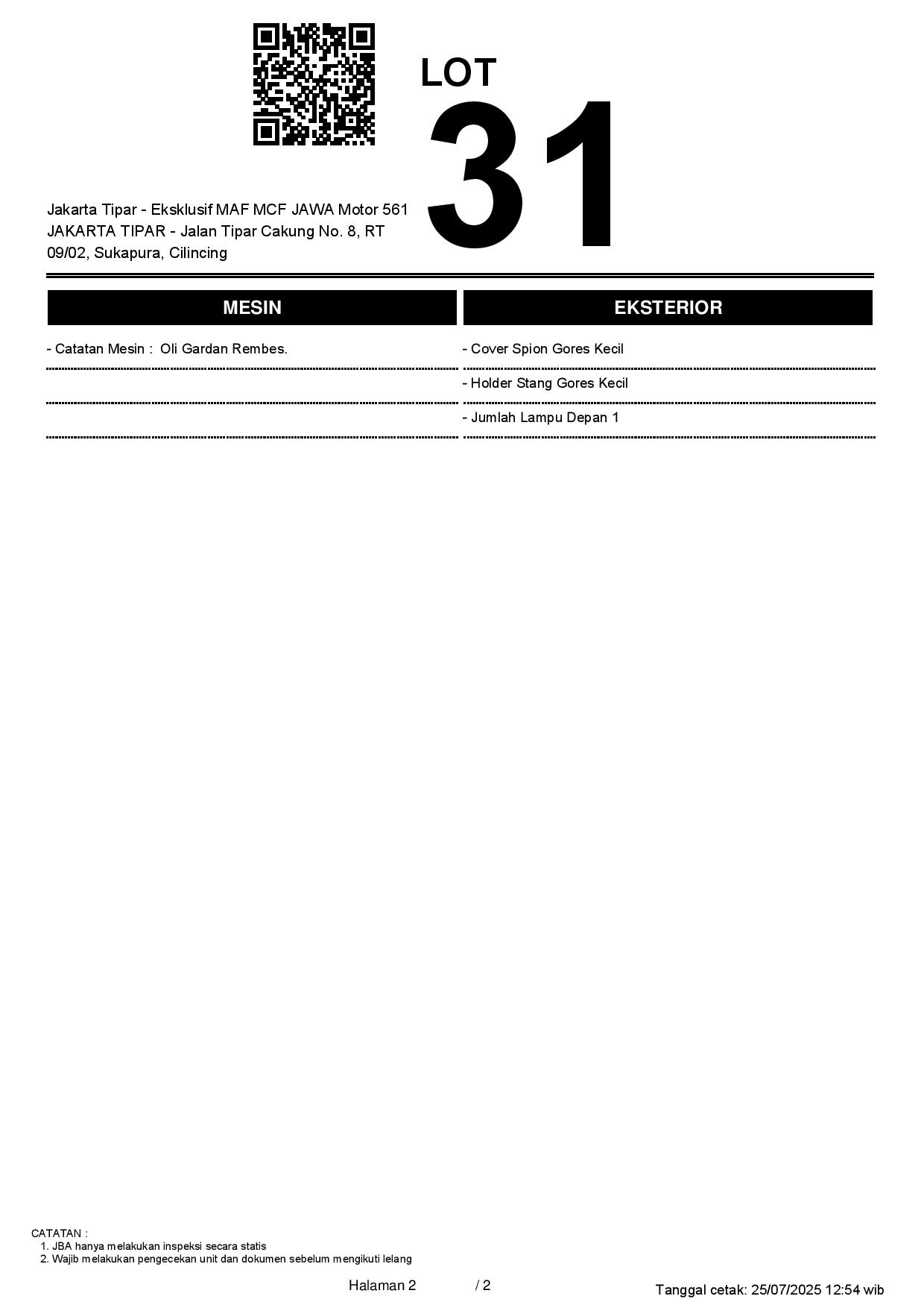 Lelang Motor LOT No 31 HONDA PCX CBS 160 160 2024 SILVER JAKARTA TIPAR