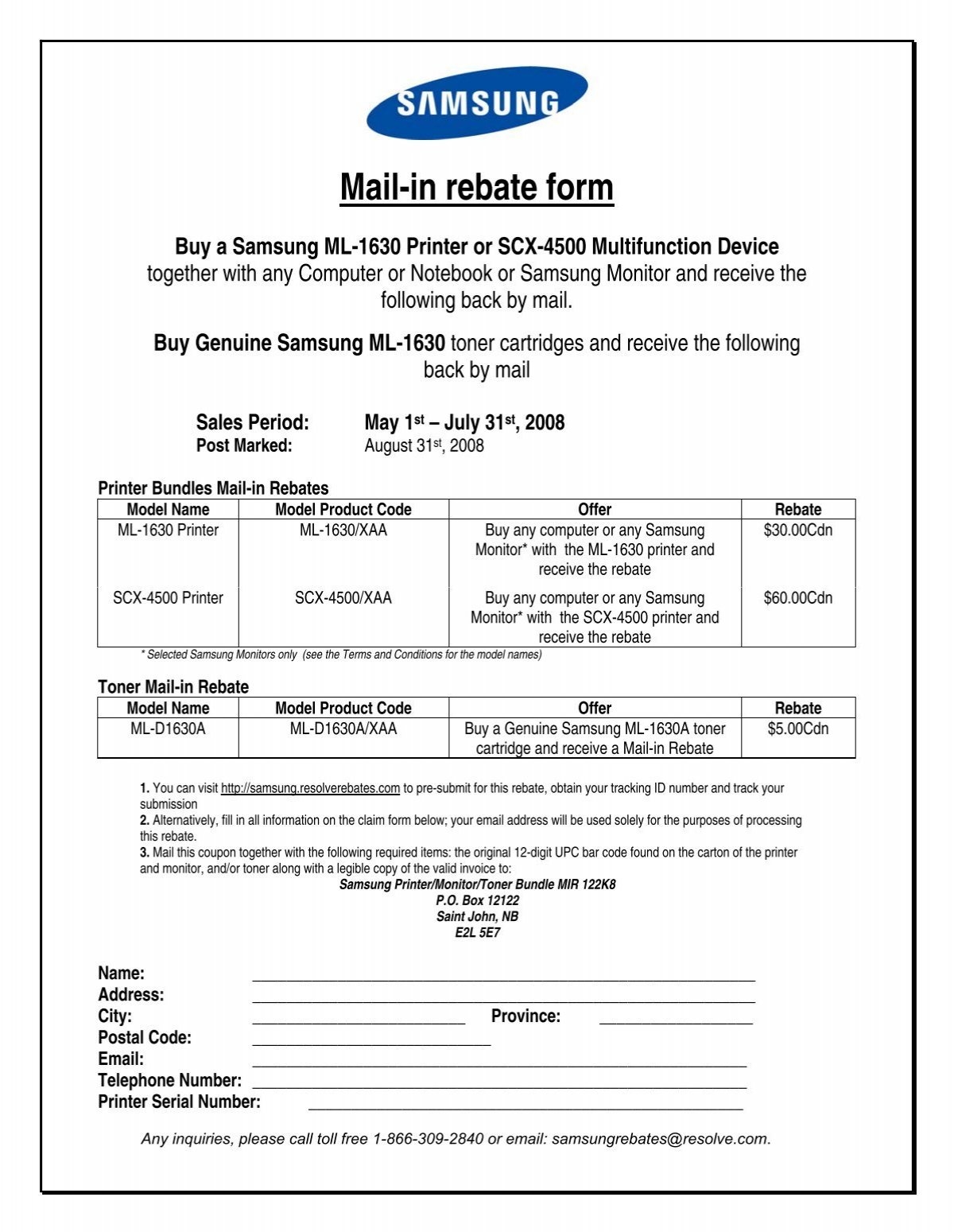 Mail in Rebate Form