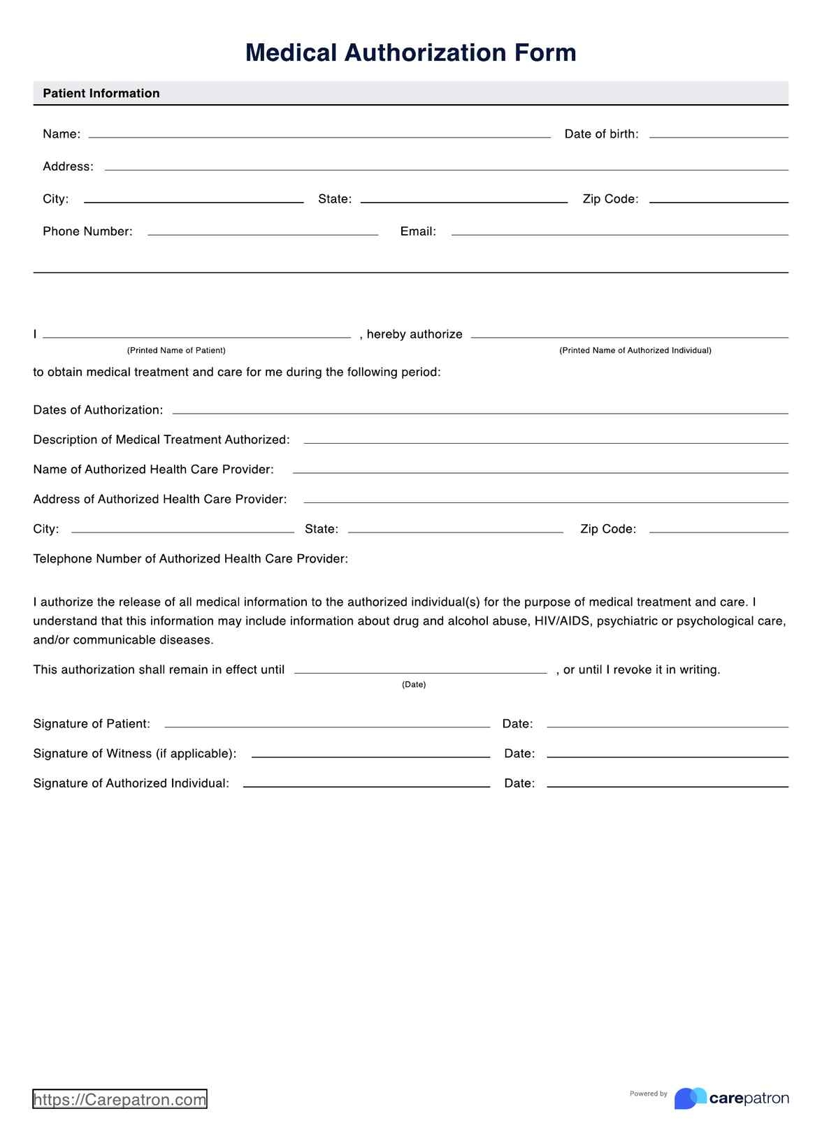 Medical Authorization Form U0026 Example Free PDF Download