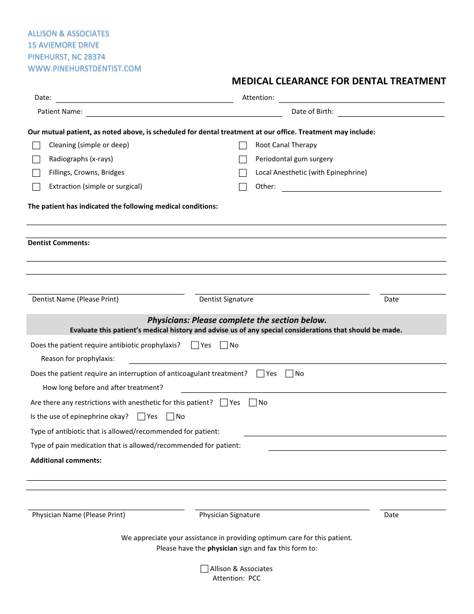 Medical Clearance For Dental Treatment Allison U0026 Associates Download Printable PDF Templateroller