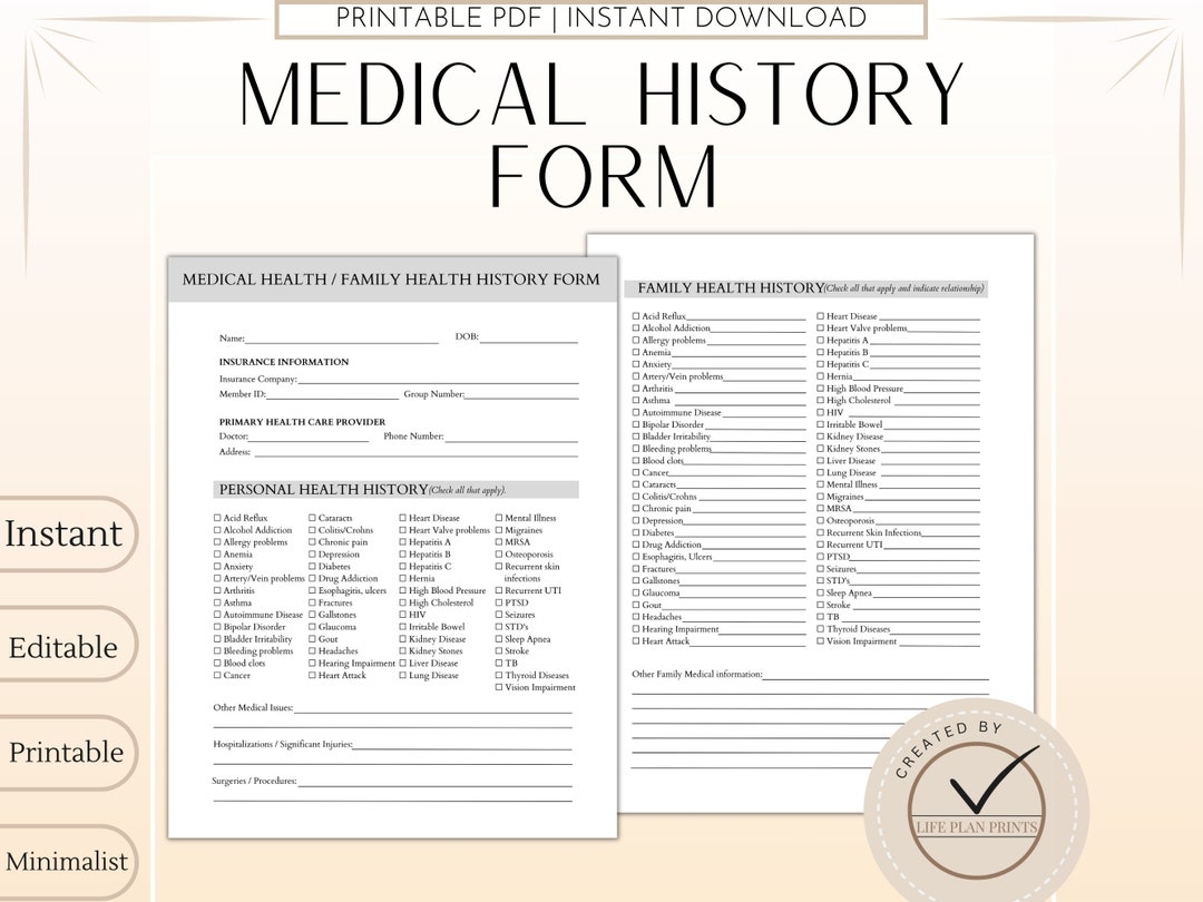 Medical History Form Family Medical History Form Family Health History Personal Health History Medical Record Tracker Etsy