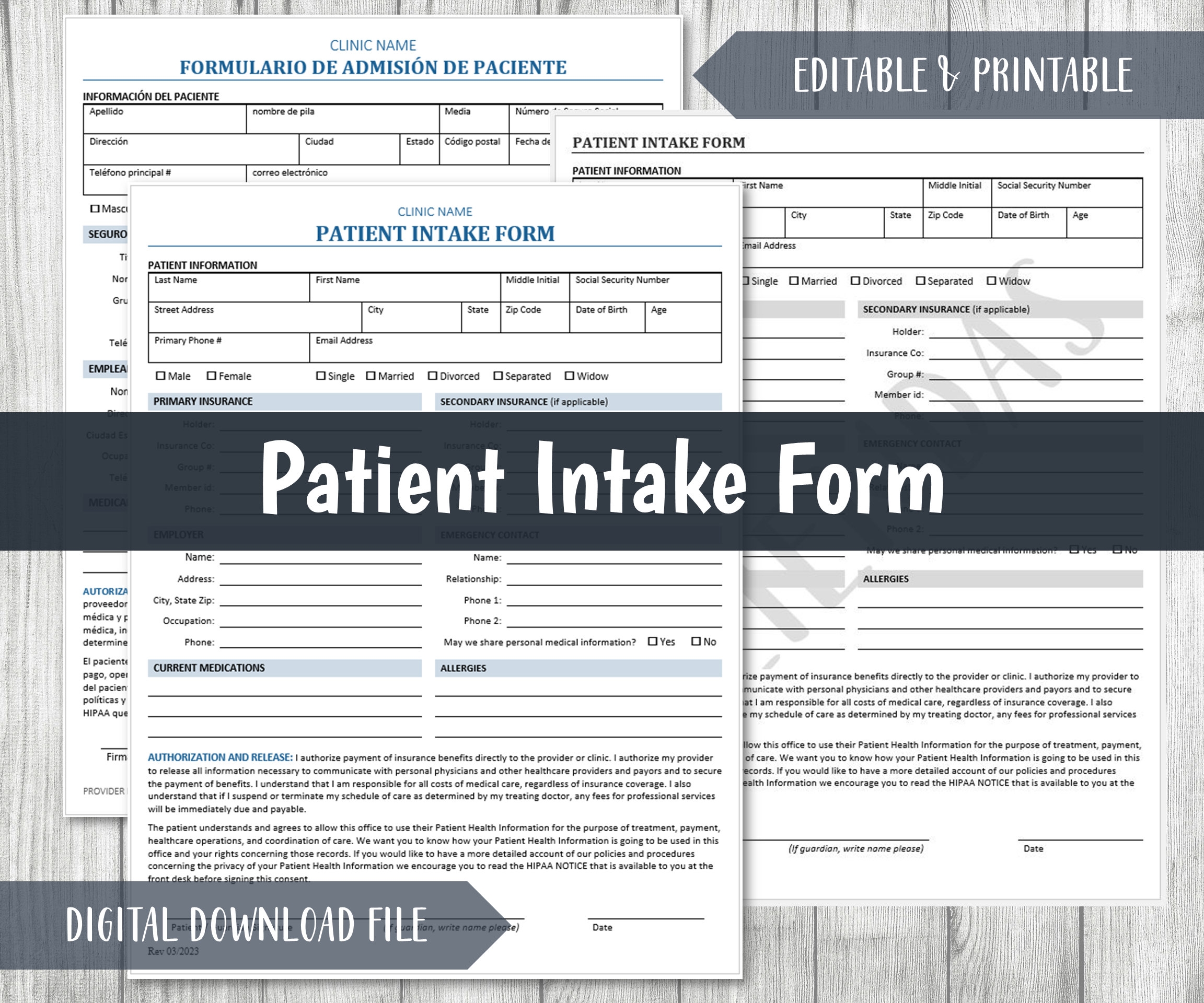 Medical Intake Patient Information Template English Spanish Clinic Healthcare Templates Medical History Privacy HIPAA 8 5x11 Etsy