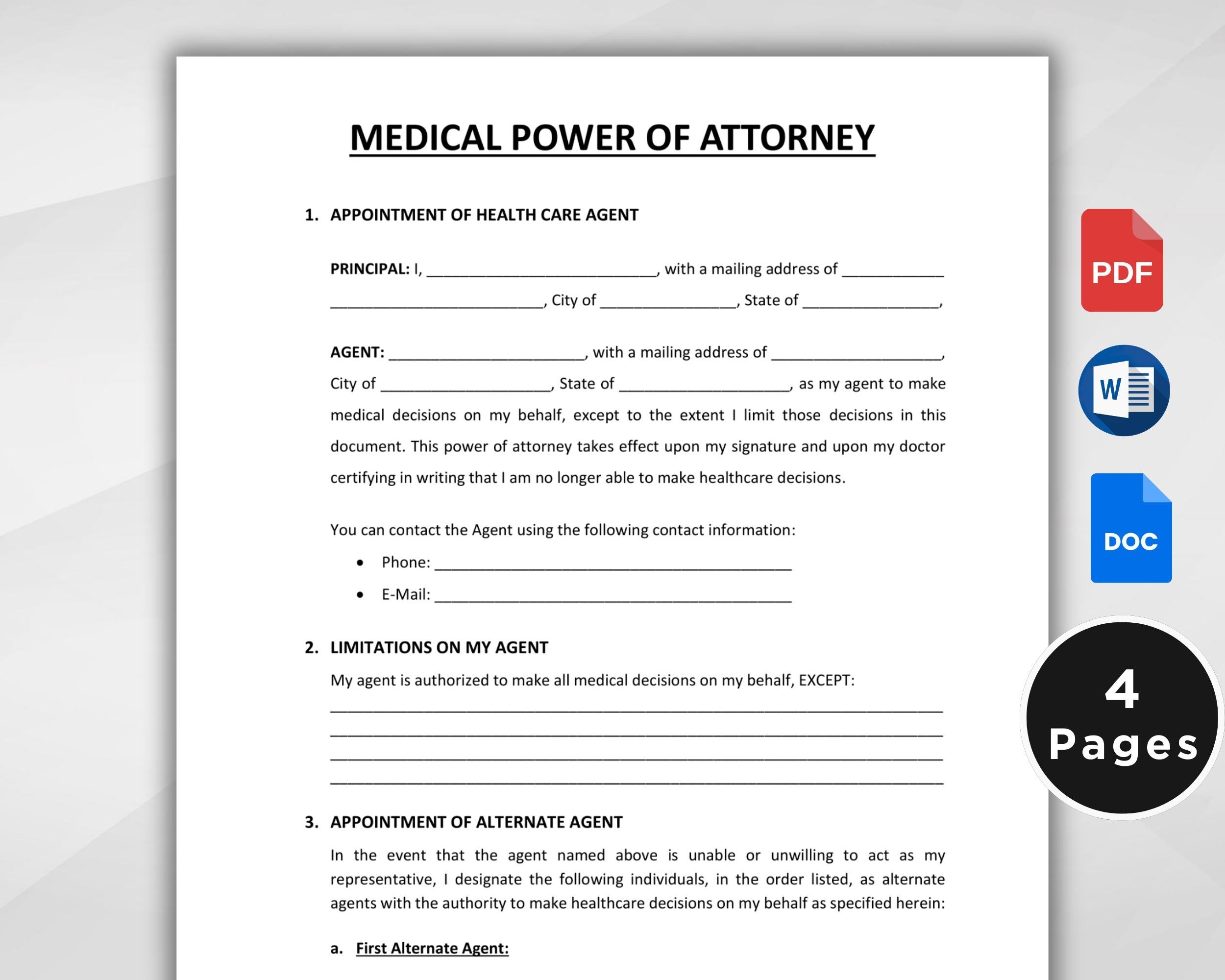 Medical Power Of Attorney Form Printable Medical Power Of Attorney Template Health Care Power Of Attorney Form Google Docs Word PDF Etsy
