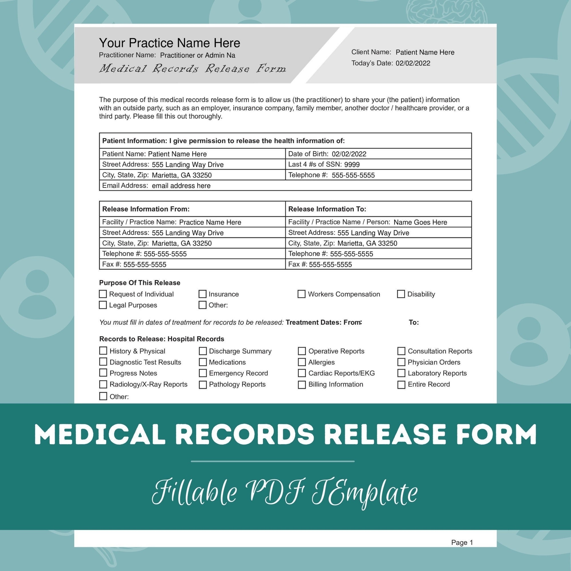 Medical Records Release Form Editable Fillable PDF Doctors Counselors Psychologists Psychiatrists Therapists Medical Professional Etsy