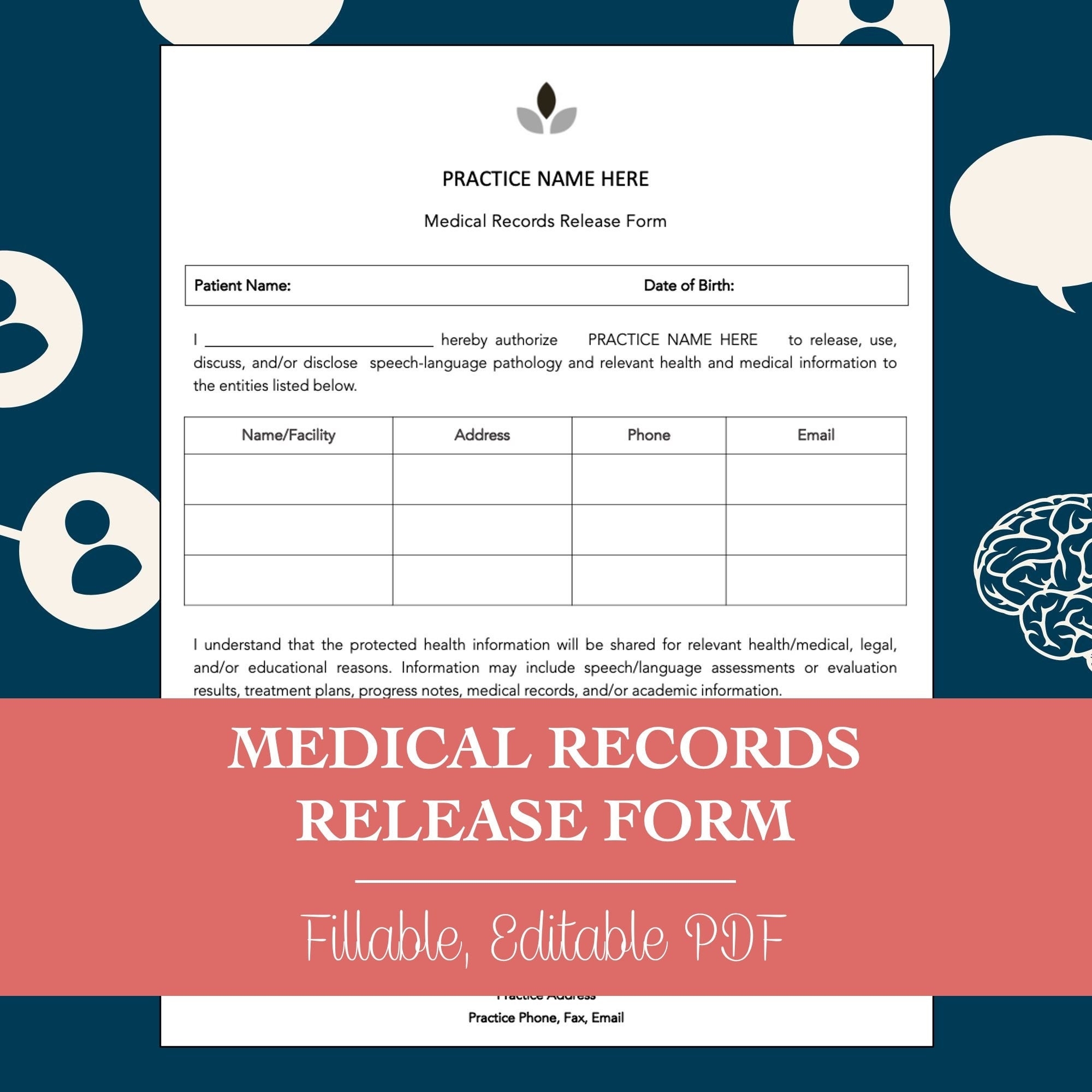 Medical Records Release Form For Speech Therapy editable Fillable Printable PDF Etsy