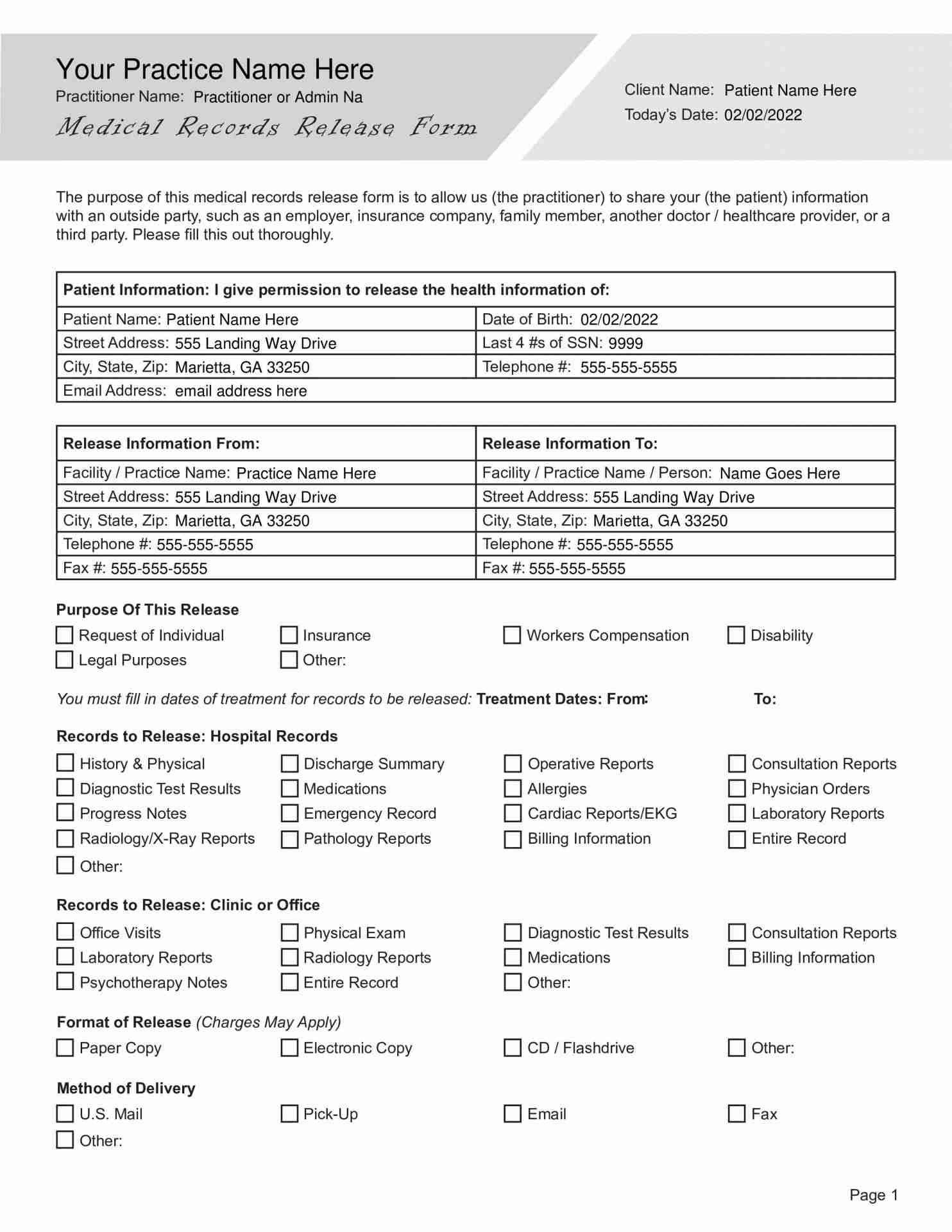 Medical Records Release Form PDF Template 