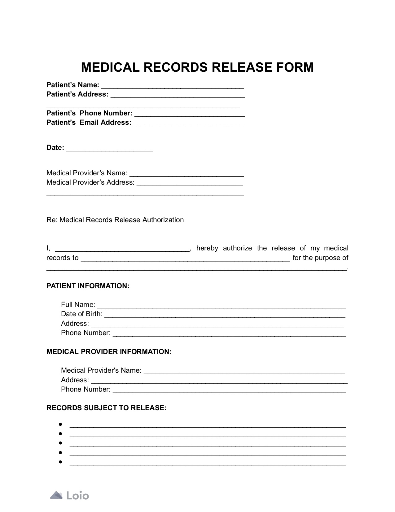 Medical Records Release Form Template Loio