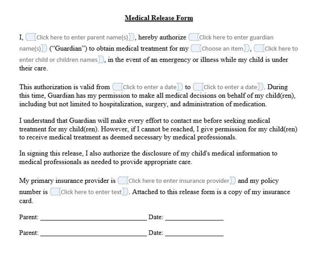 Medical Release Form Template Temporary Release Of Medical Authorization Health Provider Insurance Etsy