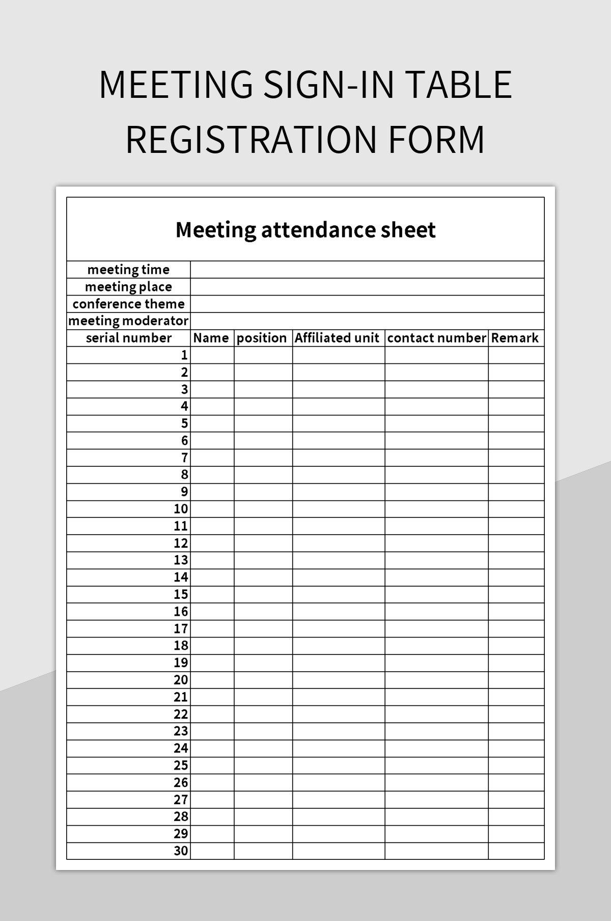 Meeting Sign in Table Registration Form Excel Template And Google 