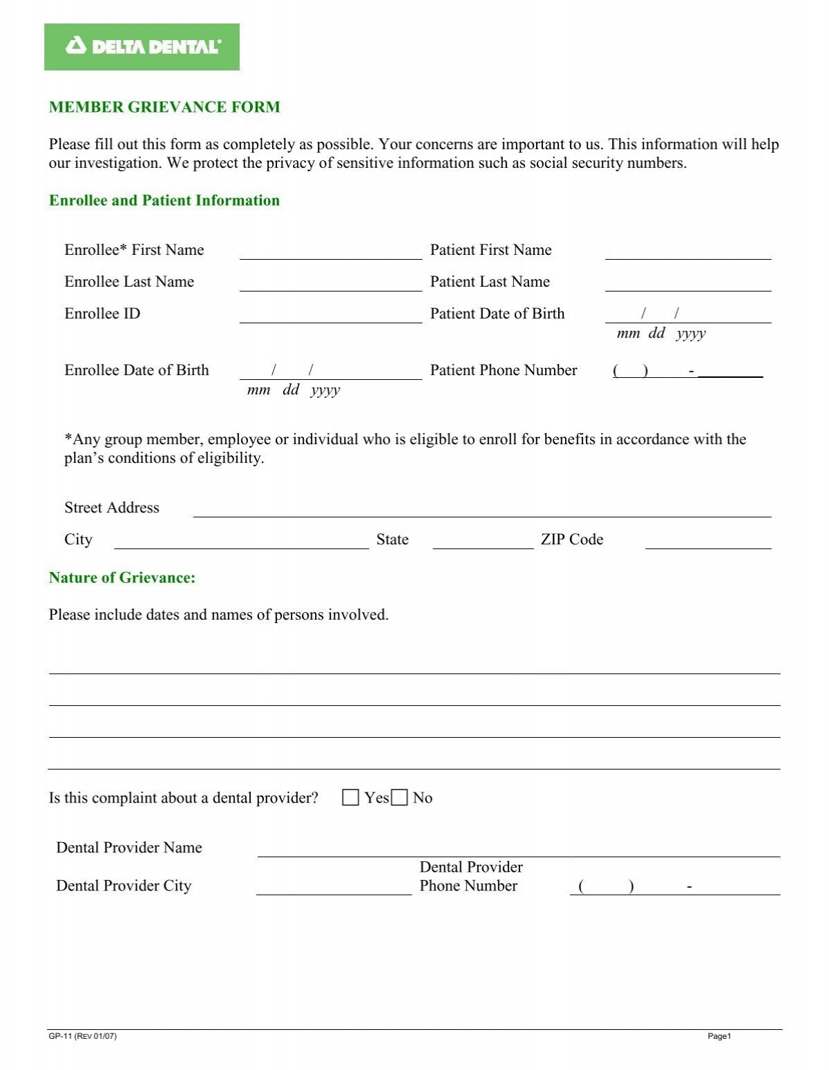 MEMBER GRIEVANCE FORM Delta Dental Insurance