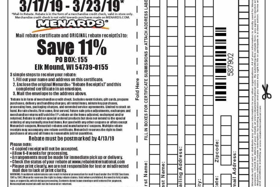 Menards 11 Rebate 5879 Purchases 3 17 19 3 23 19