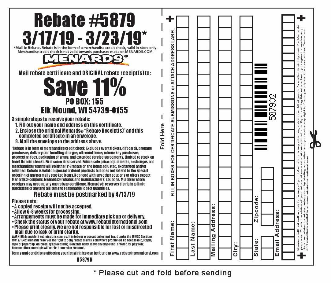 Menards 11 Rebate 5879 Purchases 3 17 19 3 23 19