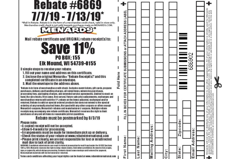 Menards 11 Rebate 6869 Purchases 7 7 19 7 13 19