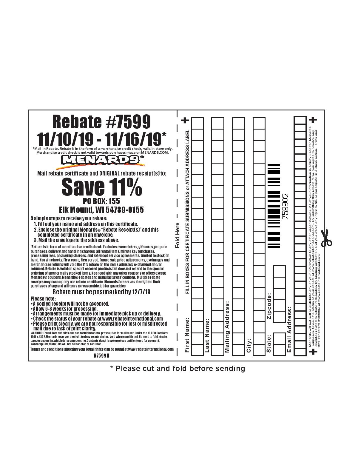 Menards 11 Rebate 7599 Purchases 11 10 19 11 16 19