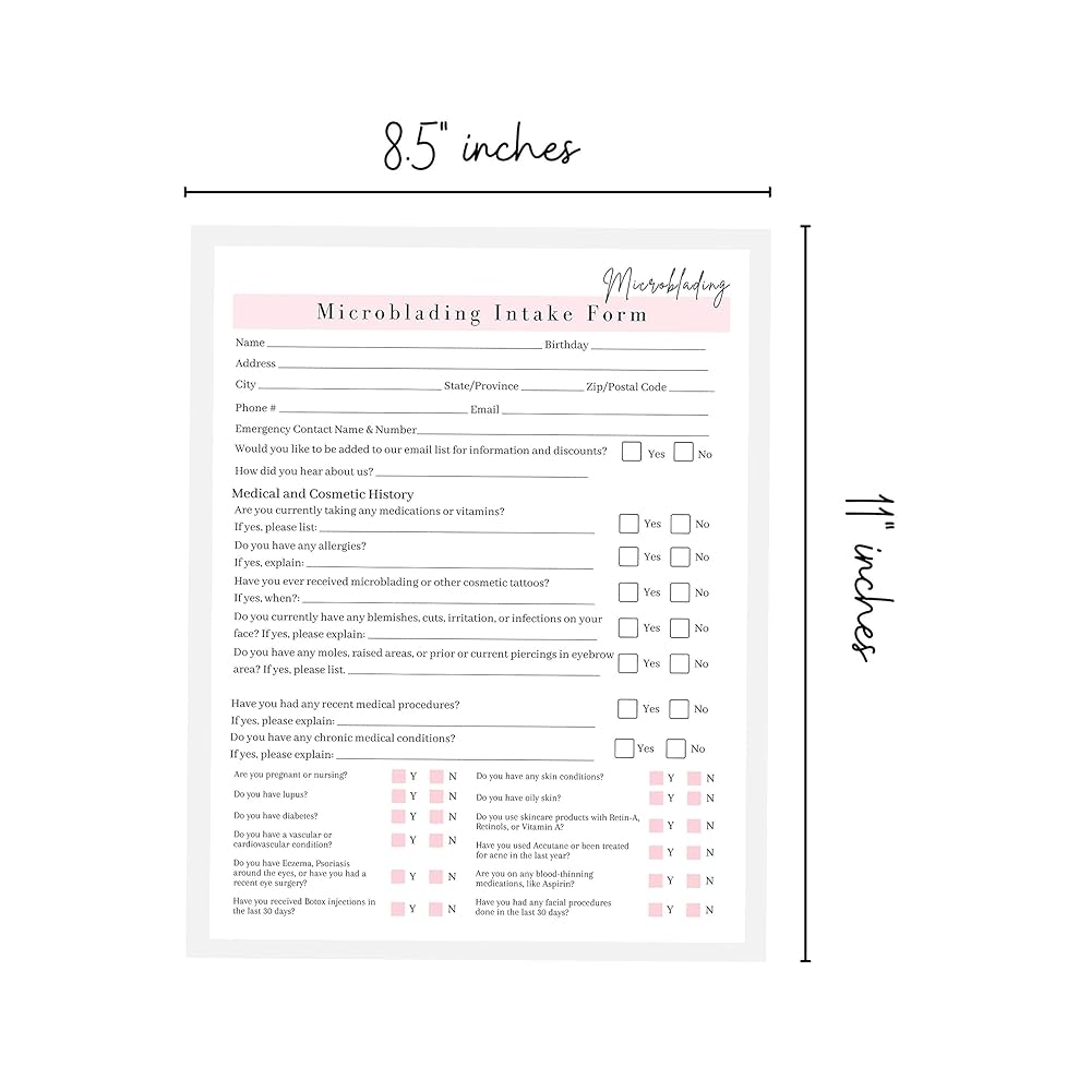 Microblading Intake Consent And Aftercare Form Printed Physical 8 5 X 11