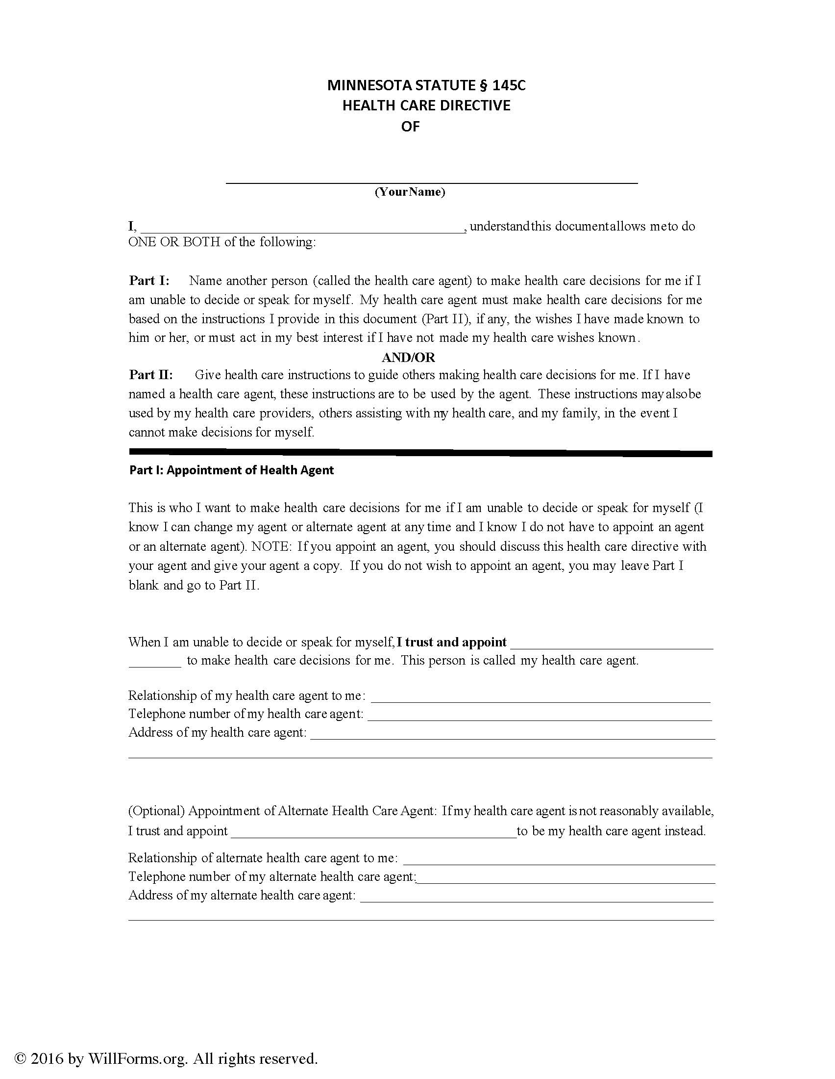 Minnesota Advance Health Care Directive Living Will Form Will Forms Will Forms