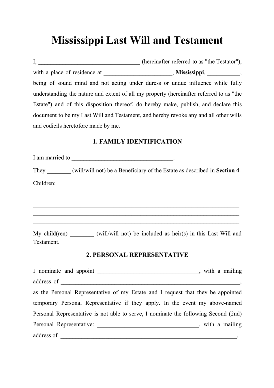 Mississippi Last Will And Testament Template Download Printable PDF Templateroller
