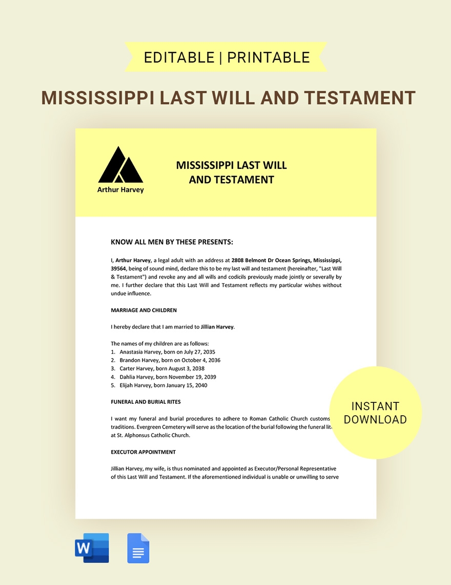 Mississippi Last Will And Testament Template In Google Docs Word 