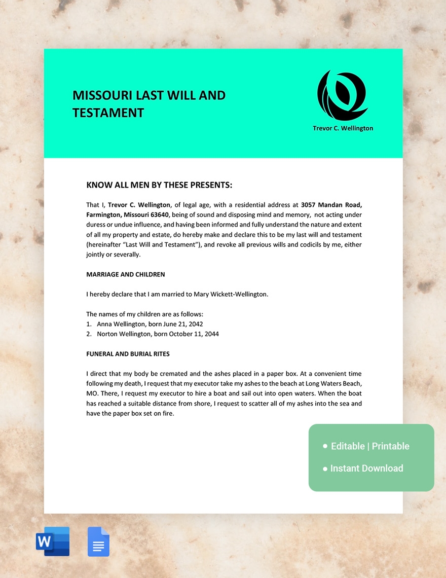 Missouri Last Will And Testament Template In Google Docs Word 