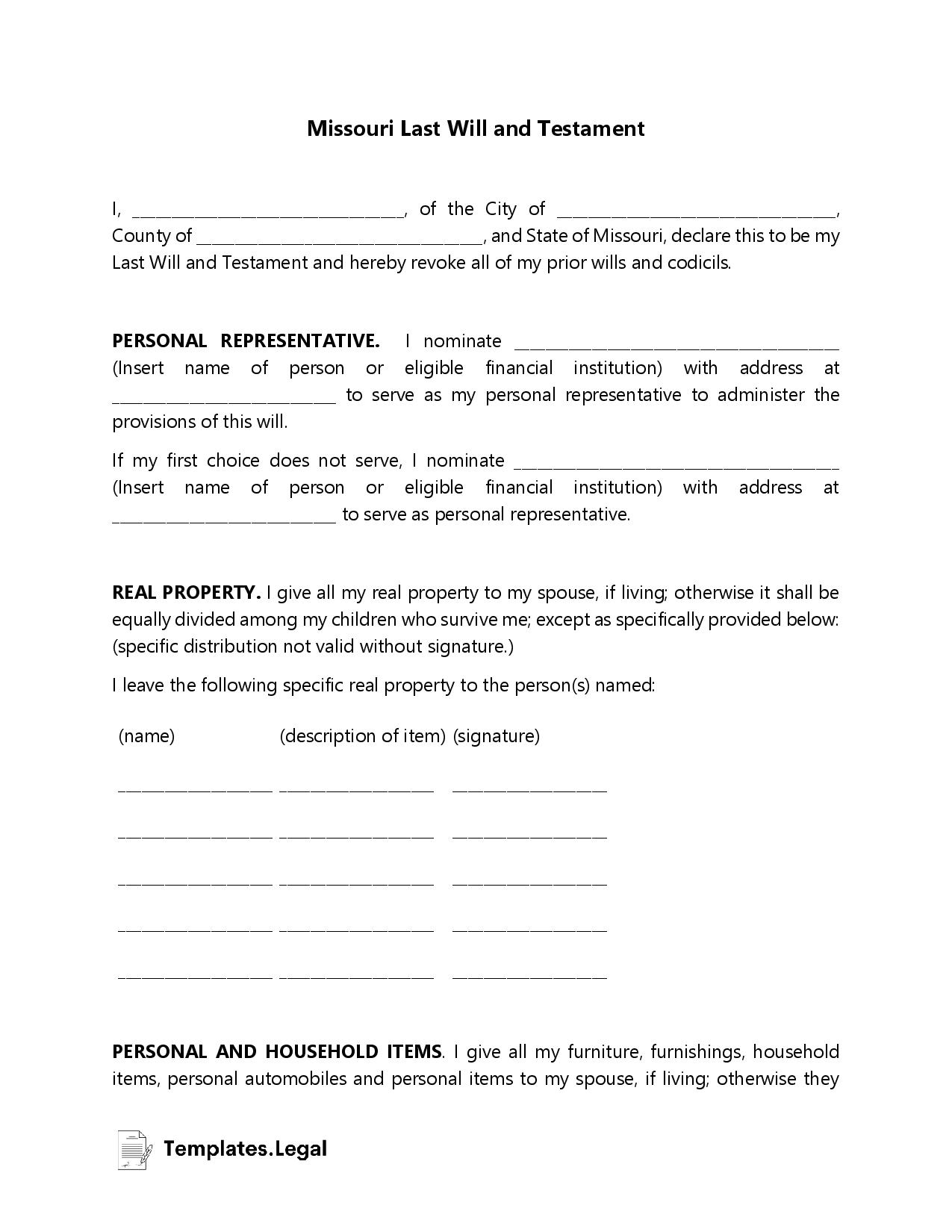 Missouri Last Will And Testament Templates Free Word PDF ODT Worksheets Library