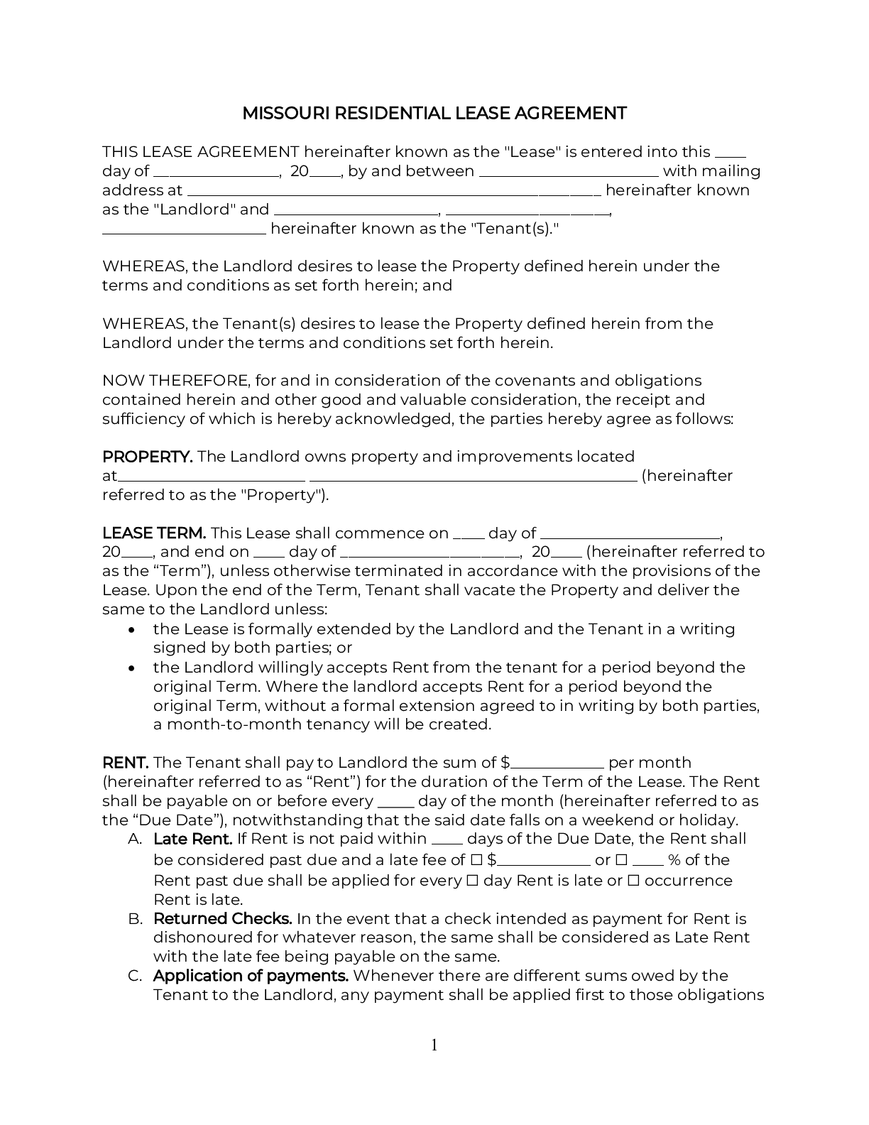 Missouri Rental Lease Agreement Template 2025 PDF U0026 DOC